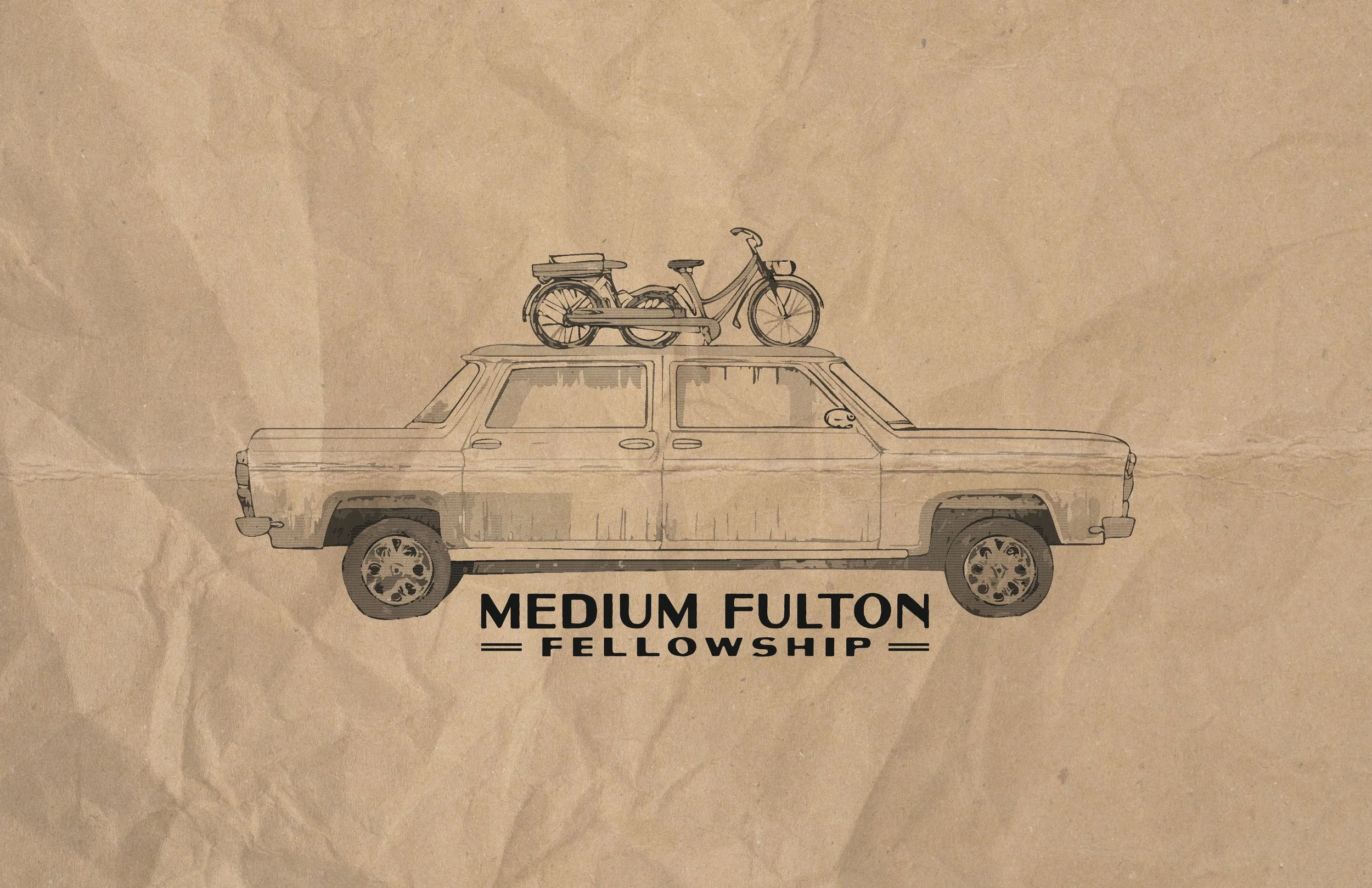 Illustration of a vintage car with a bicycle on top, labeled 'Medium Fulton Fellowship' on a textured brown background.