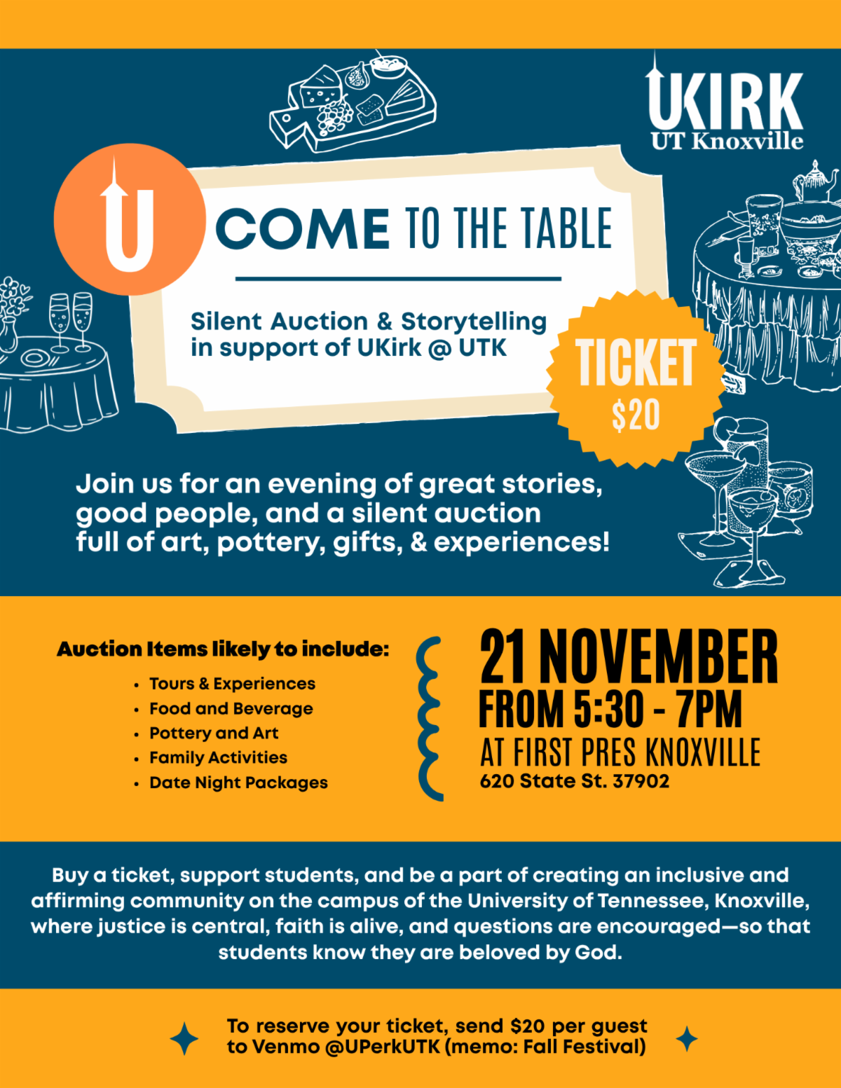 Silent Auction Event Supporting UKirk UTK at First Presbyterian on November 21 — “Come to the Table!”