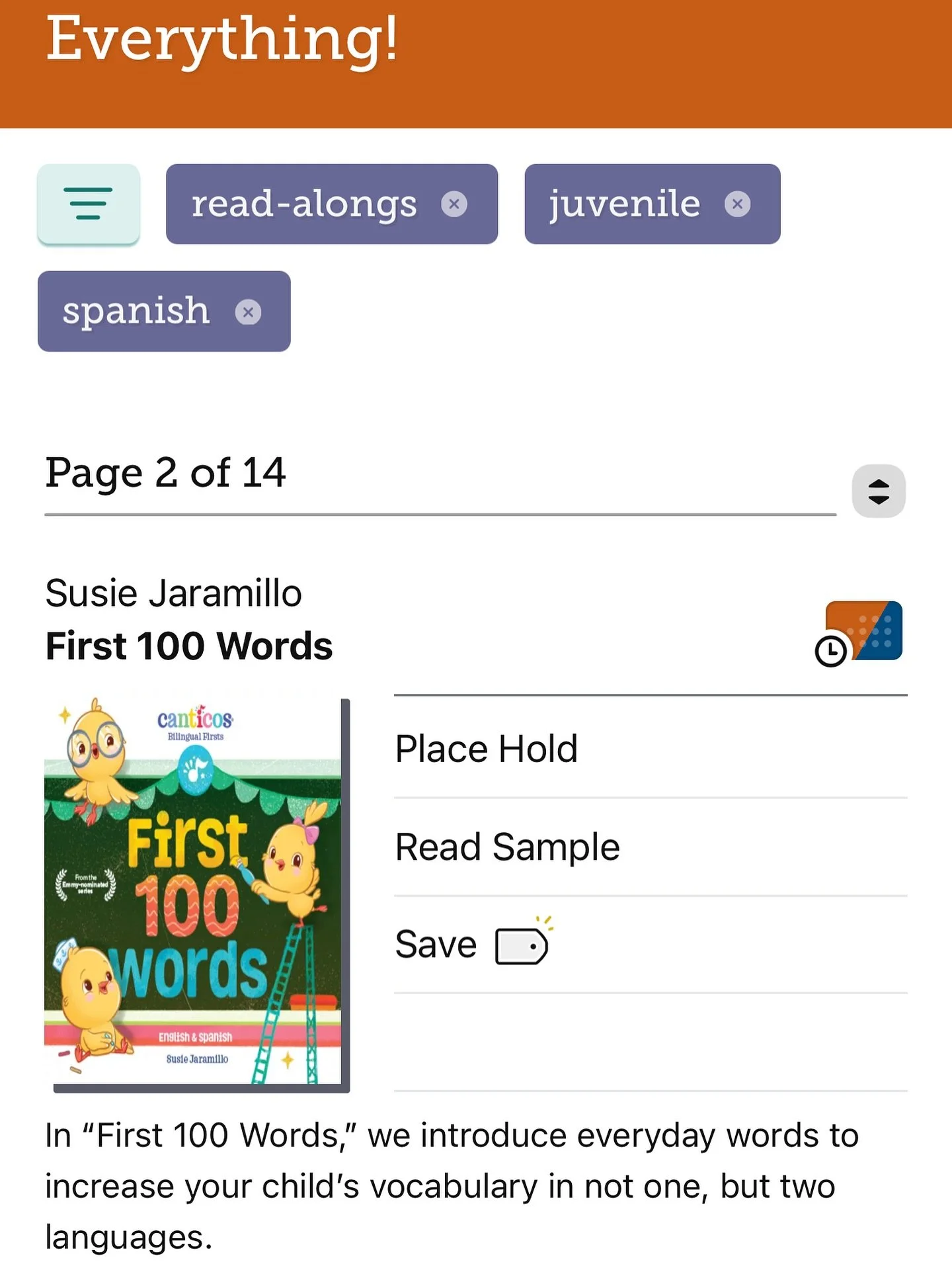 Here&rsquo;s a great resource! Use your library card in @libby.app to access children&rsquo;s e-books, audiobooks, and e-books with audio AND text/pictures in Spanish! Use the filters in the screenshot for audio with text/pictures, the most useful of