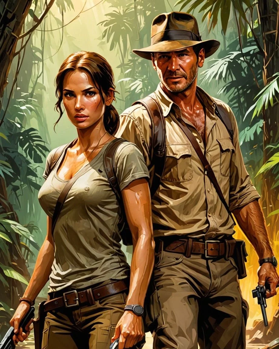 lara croft and indiana jones standing in a jungle