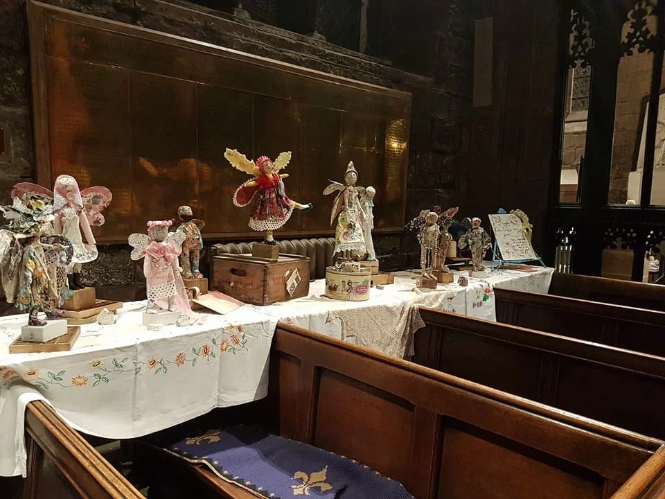 view of the angel exhibition from the front of the church