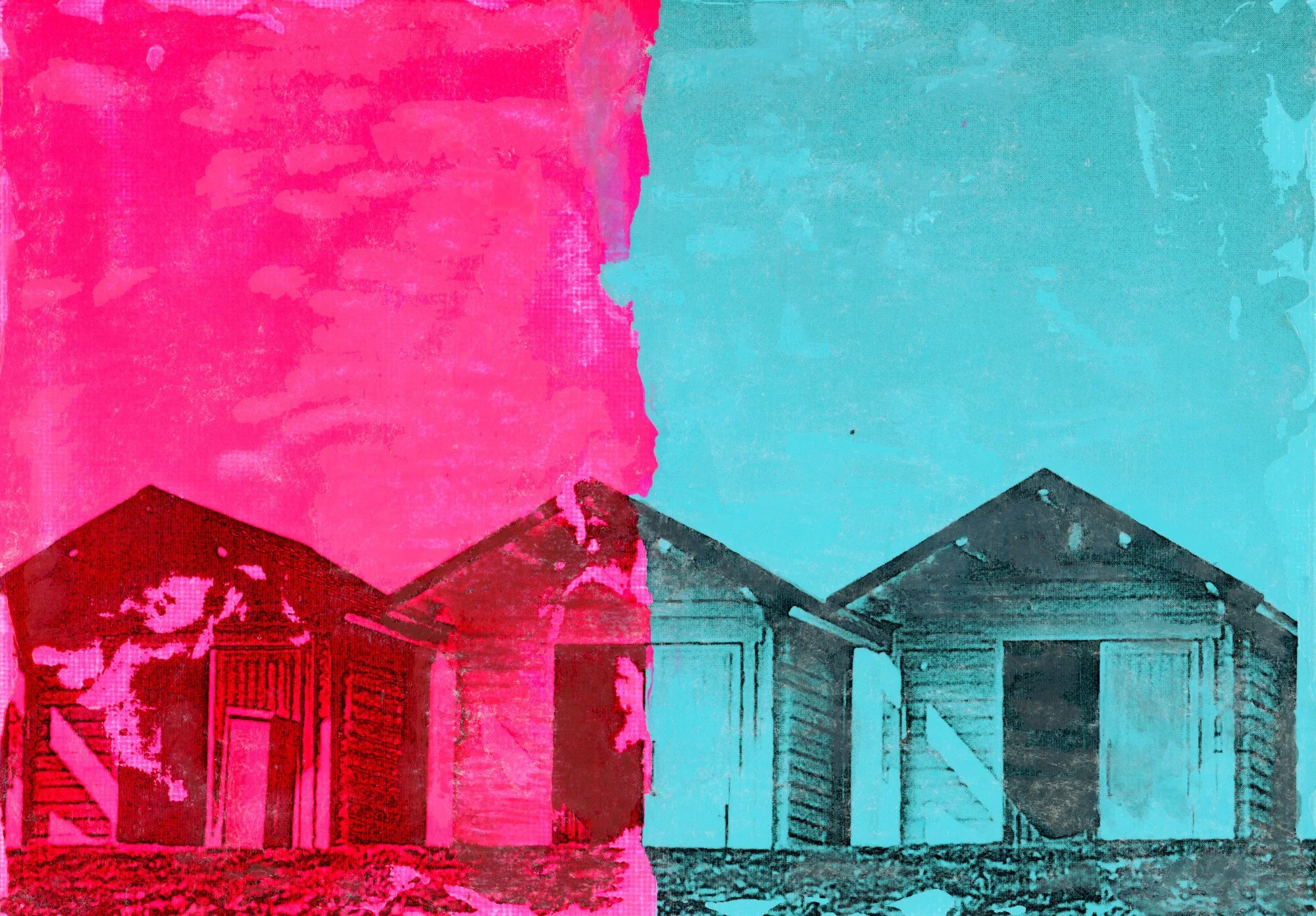 neon pop art piece of beach huts in hot pink and teal by the fairfax curator