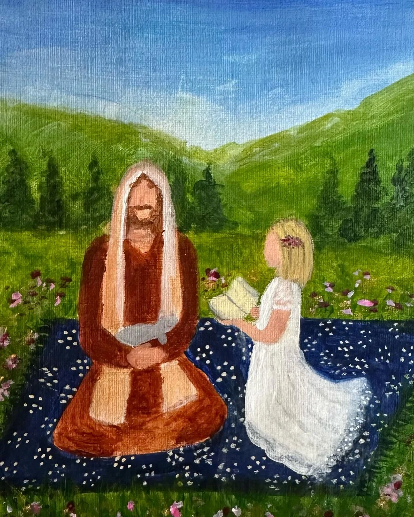 I love playing around with textures and patterns. The flowers in the hair and the lace on the dress are some of my favorite details to personalize in these paintings! I also add a touch of gold to all my portraits. I love the way it reflects light, e