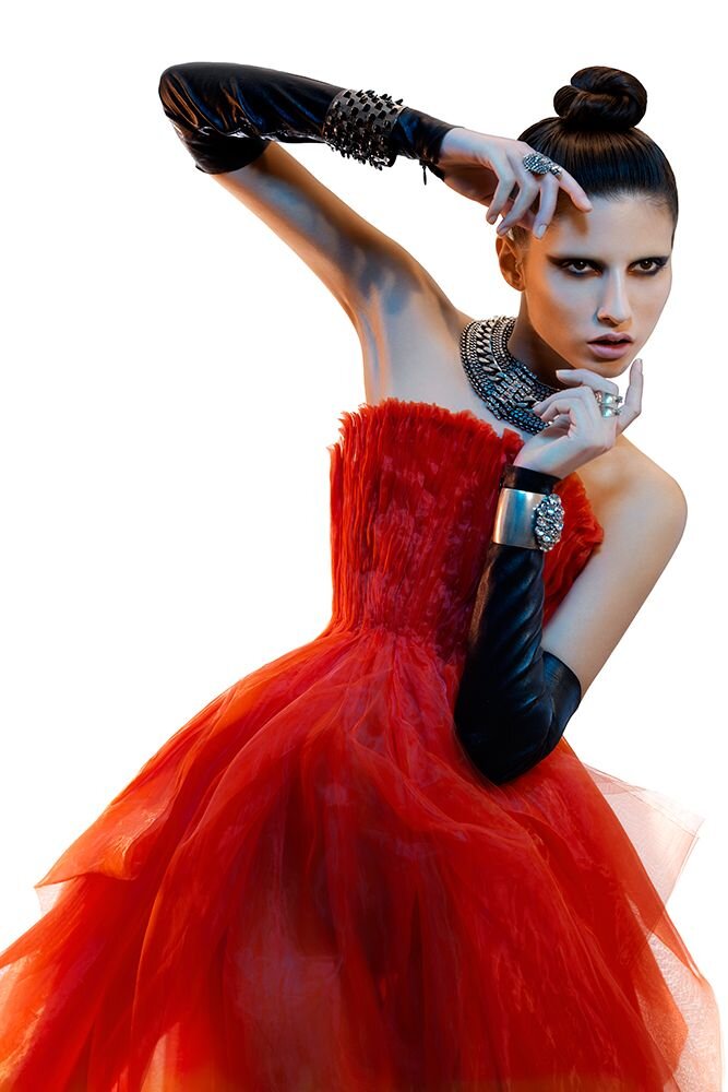 Francis Hills photographs a fashion model for a fashion editorial. This couture fashion photoshoot was taken in Francis Hills studio in New York City.
