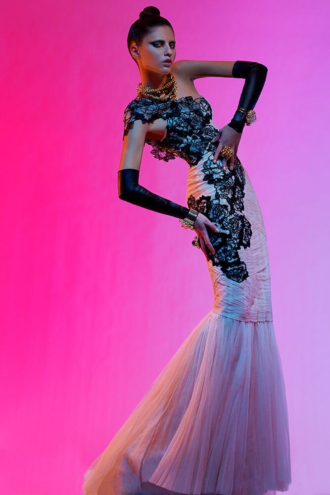 Francis Hills photographs a fashion model for a fashion editorial. This couture fashion photoshoot was taken in Francis Hills studio in New York City.