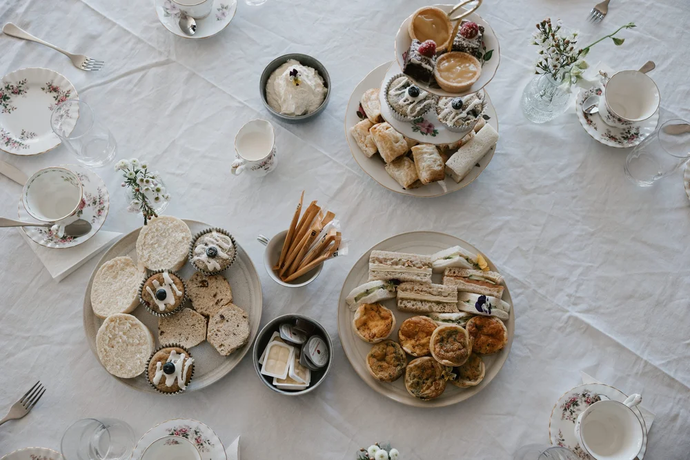 High tea table set with vintage china