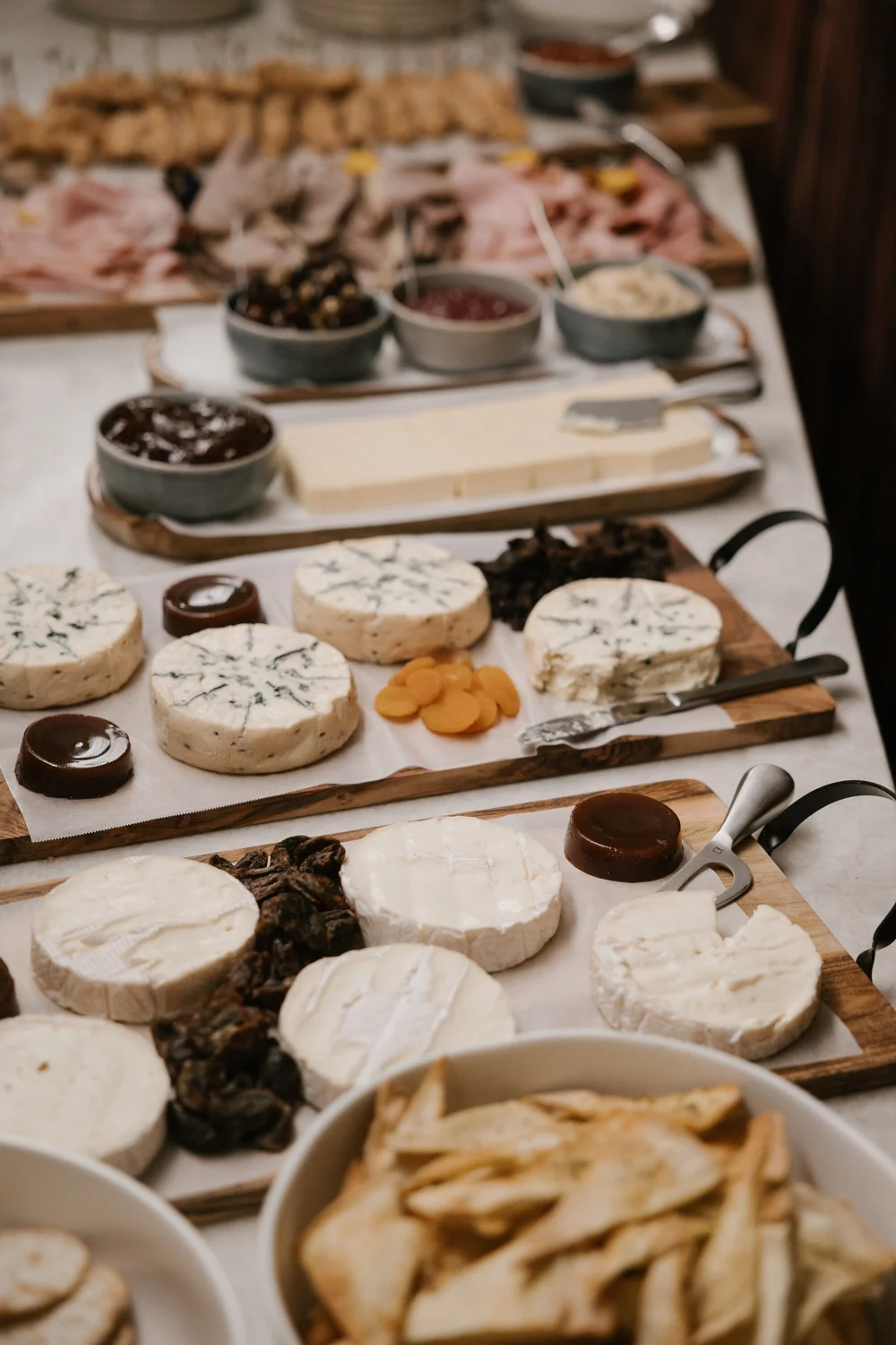 Grazing table with cheeses and accompaniments