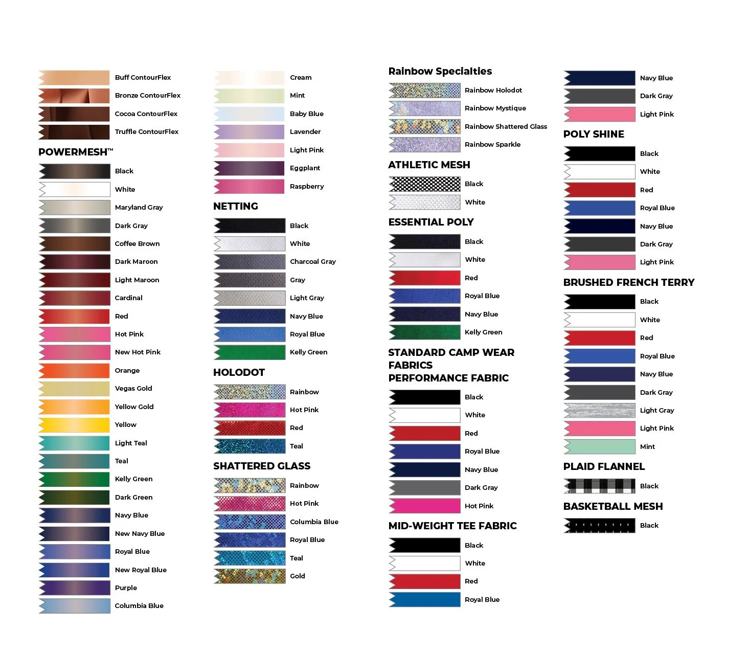 A color chart with fabric shades and patterns organized into categories like POWERMESH, NETTING, HOLIDOT, SHATTERED GLASS, Rainbow Specialties, ATHLETIC MESH, ESSENTIAL POLY, STANDARD CAMP WEAR FABRICS, PERFORMANCE FABRIC, POLY SHINE, BRUSHED FRENCH TERRY, PLAID FLANNEL, BASKETBALL MESH, and others. Each category lists colors or patterns such as Black, White, Red, Navy Blue, Green, Rainbow, Hot Pink, and various textured or patterned designs.
