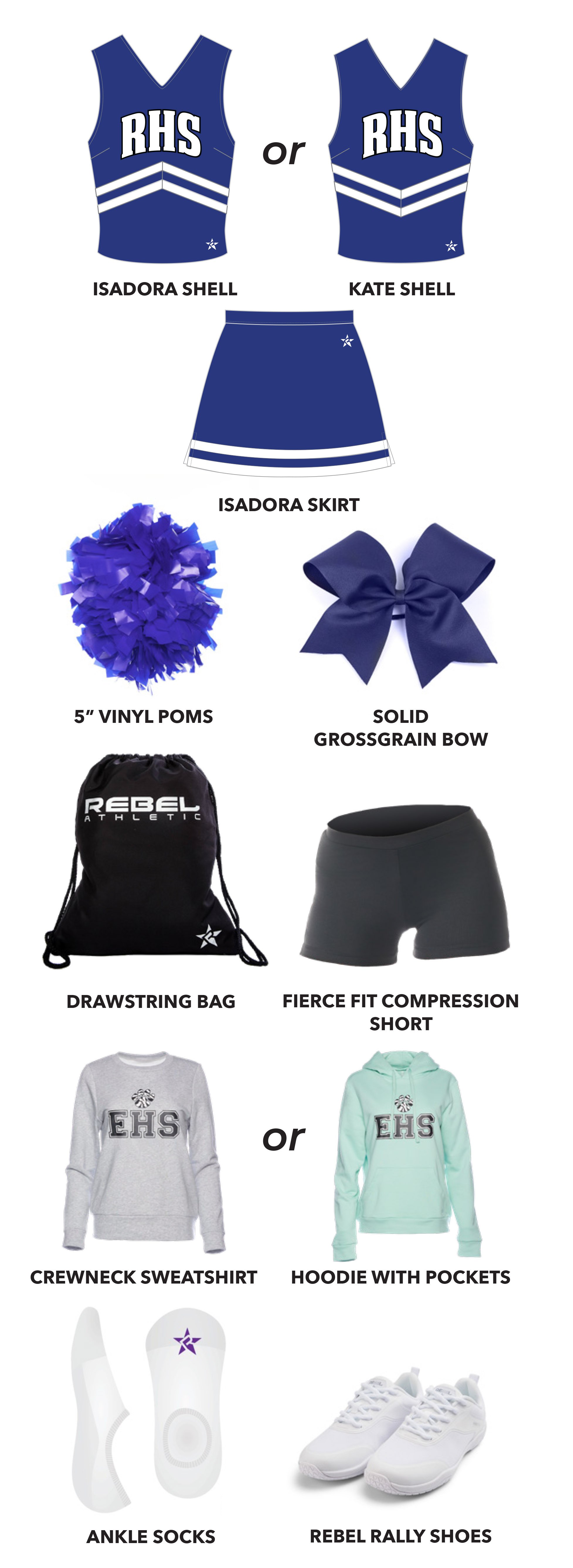 Cheerleading uniform set with two cheerleader tops labeled Isadora Shell and Kate Shell, a matching skirt, fun accessories including vinyl pom-poms and a grossgrain bow, cheerleading gear like a drawstring bag, compression shorts, a sweatshirt or hoodie, ankle socks, and white rally shoes.