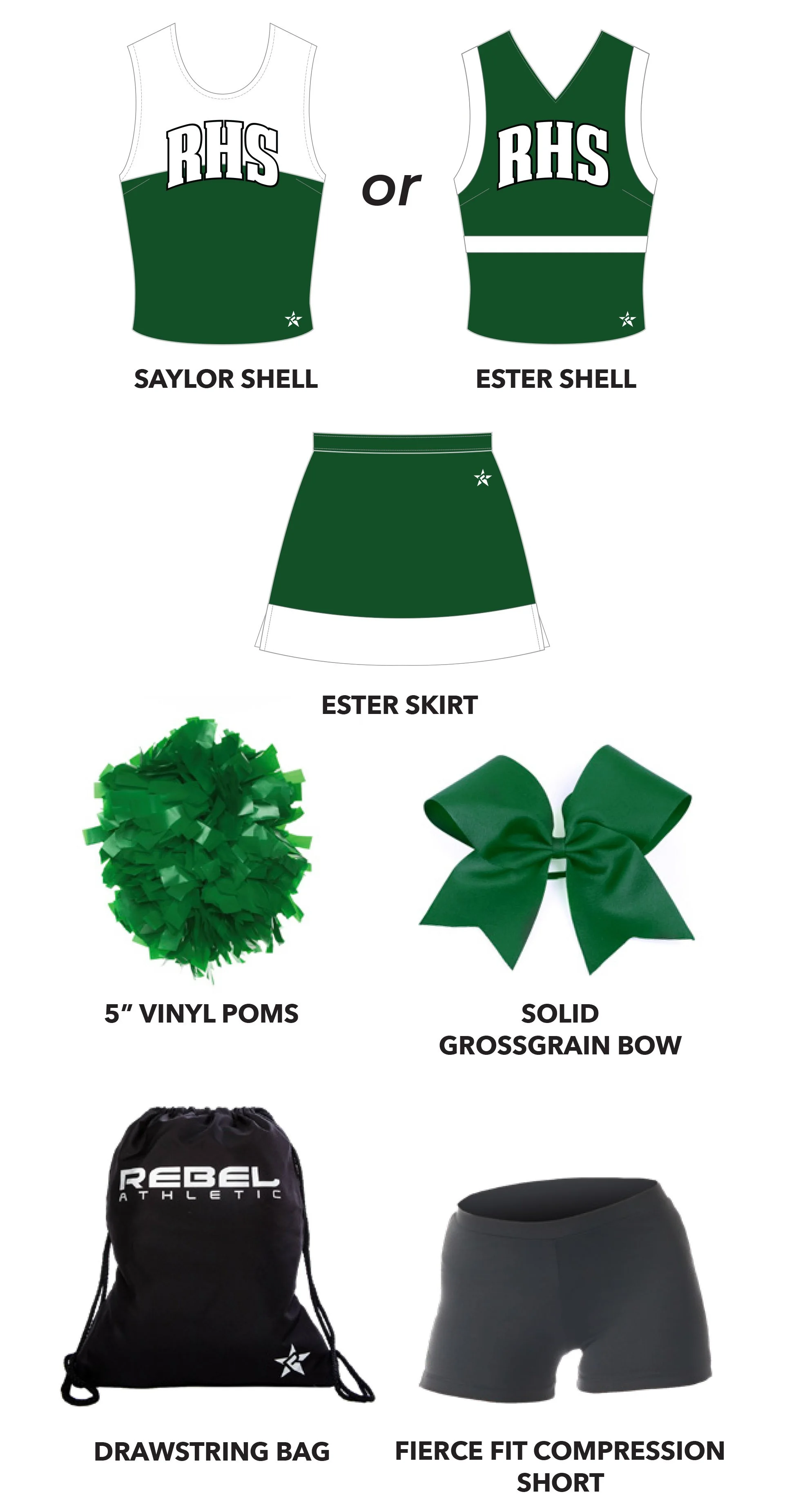 Image of cheerleading uniform and accessories, including two different green cheerleading tops labeled RHS Saylor Shell and Ester Shell, a matching green Ester Skirt, yellow vinyl pom poms, a green grossgrain bow, a black drawstring bag with 'Rebel Athletic' logo, and black compression shorts labeled Fierce Fit.
