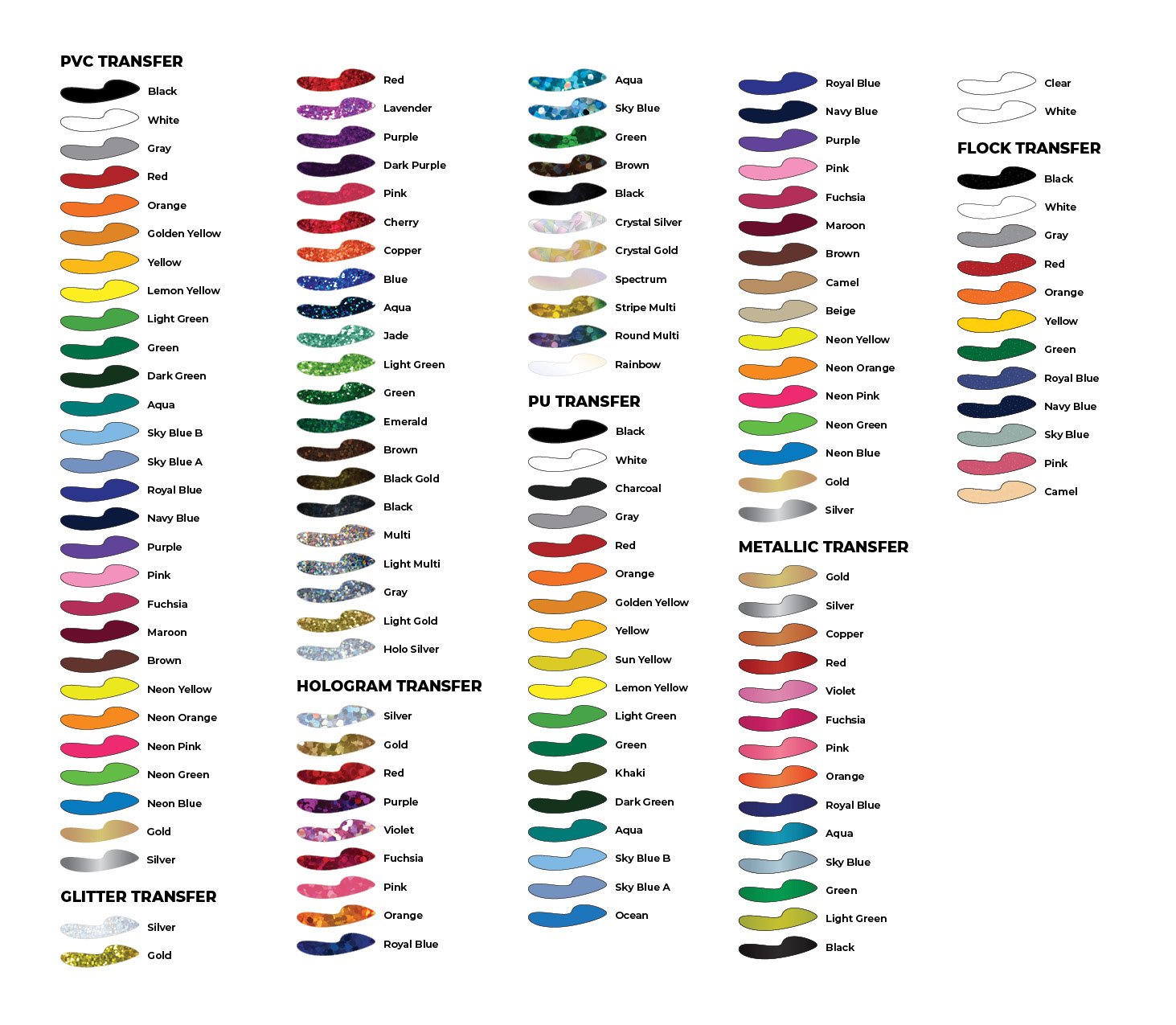 Chart showing various color transfer options for PVC, PU, hologram, glitter, flock, metallic, and hologram transfers, each with different color names and styles.