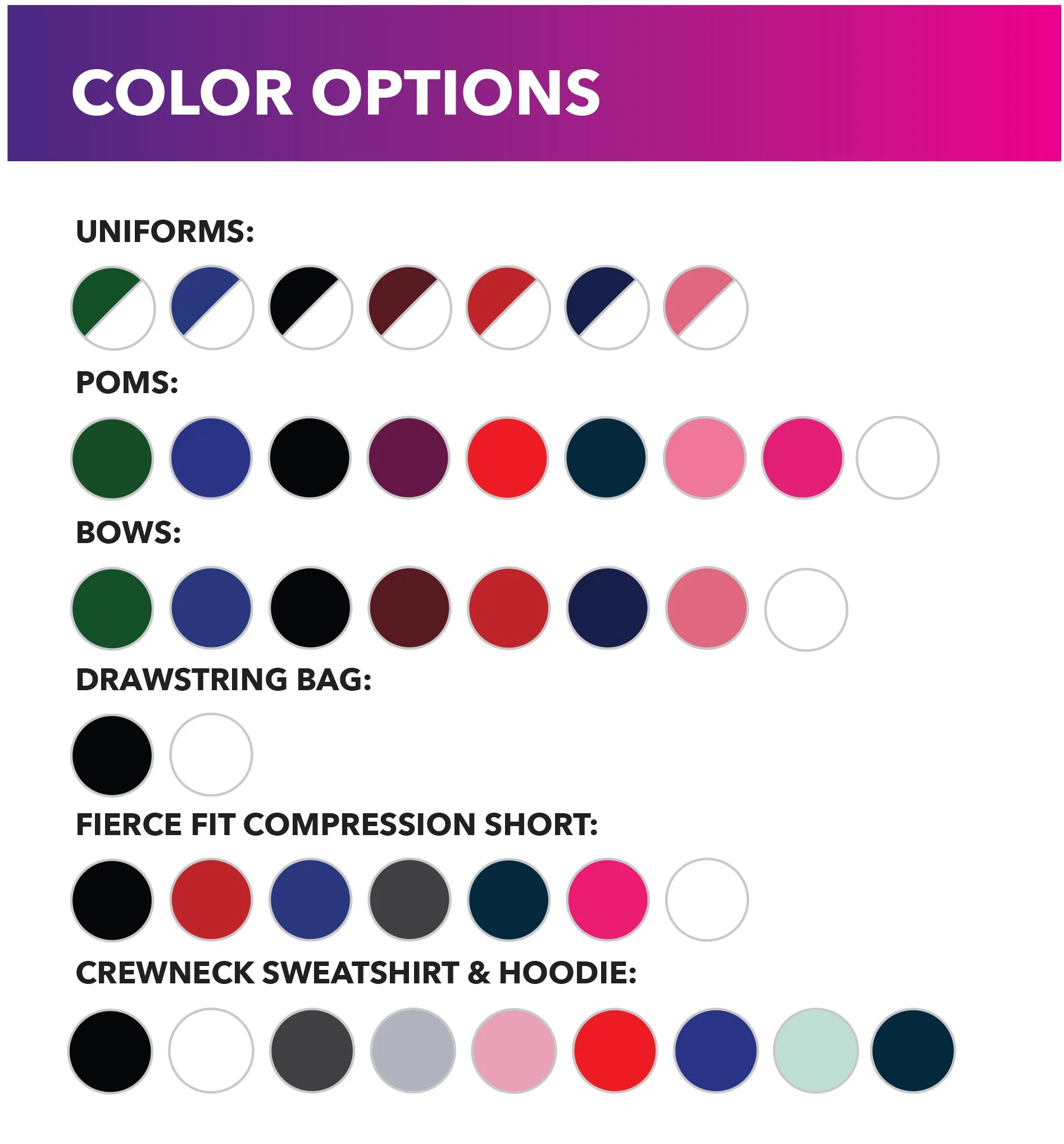 Color options chart with categories for uniforms, pom-poms, bows, drawstring bags, compression shorts, and crewneck sweatshirt and hoodie, each showing different color swatches.