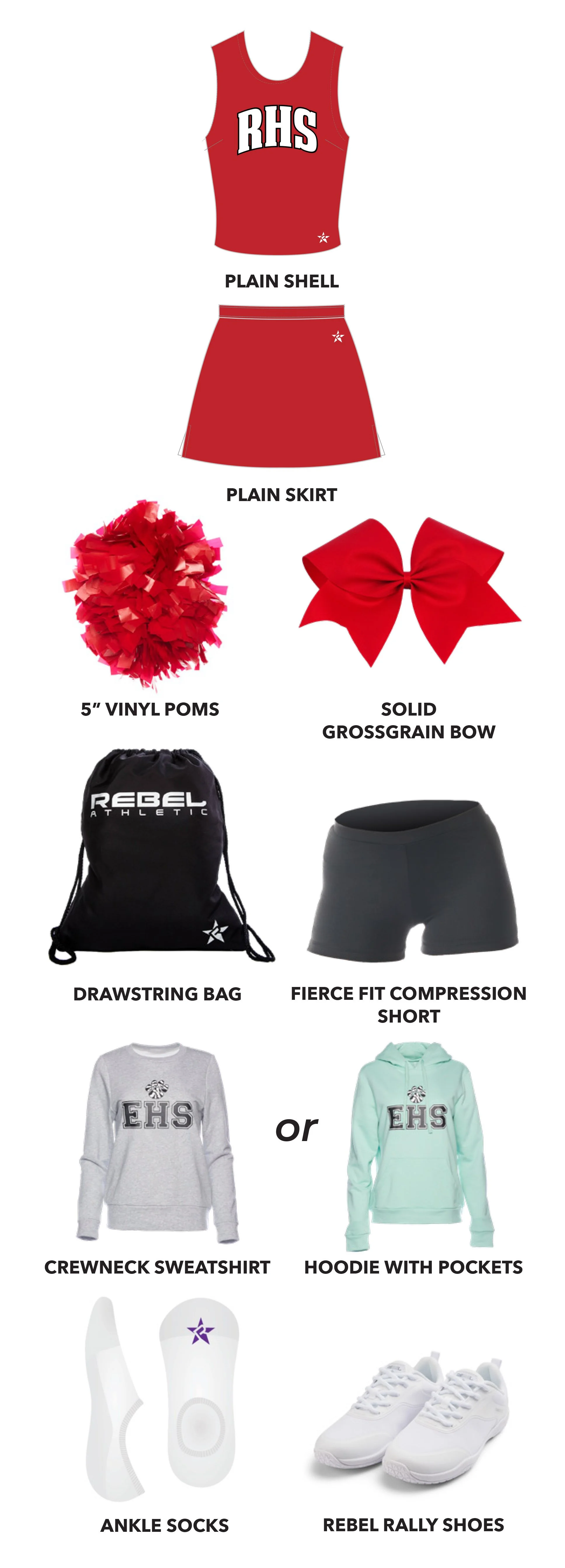 A cheerleading uniform kit including a red sleeveless top with RHS logo, matching red skirt, red vinyl pom-poms, red grossgrain bow, black Rebel athletic drawstring bag, black compression shorts, gray crewneck sweatshirt, mint hoodie with pockets, white ankle socks, and white Rebel Rally shoes.