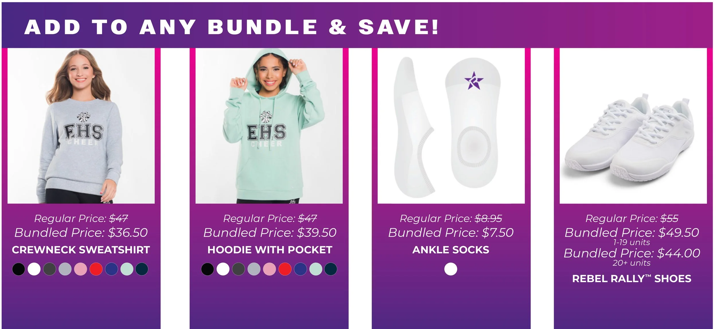 An advertisement featuring four apparel and footwear items, including a crewneck sweatshirt, hoodie with pocket, ankle socks, and white sneakers, with prices and bundle discounts listed for each item.