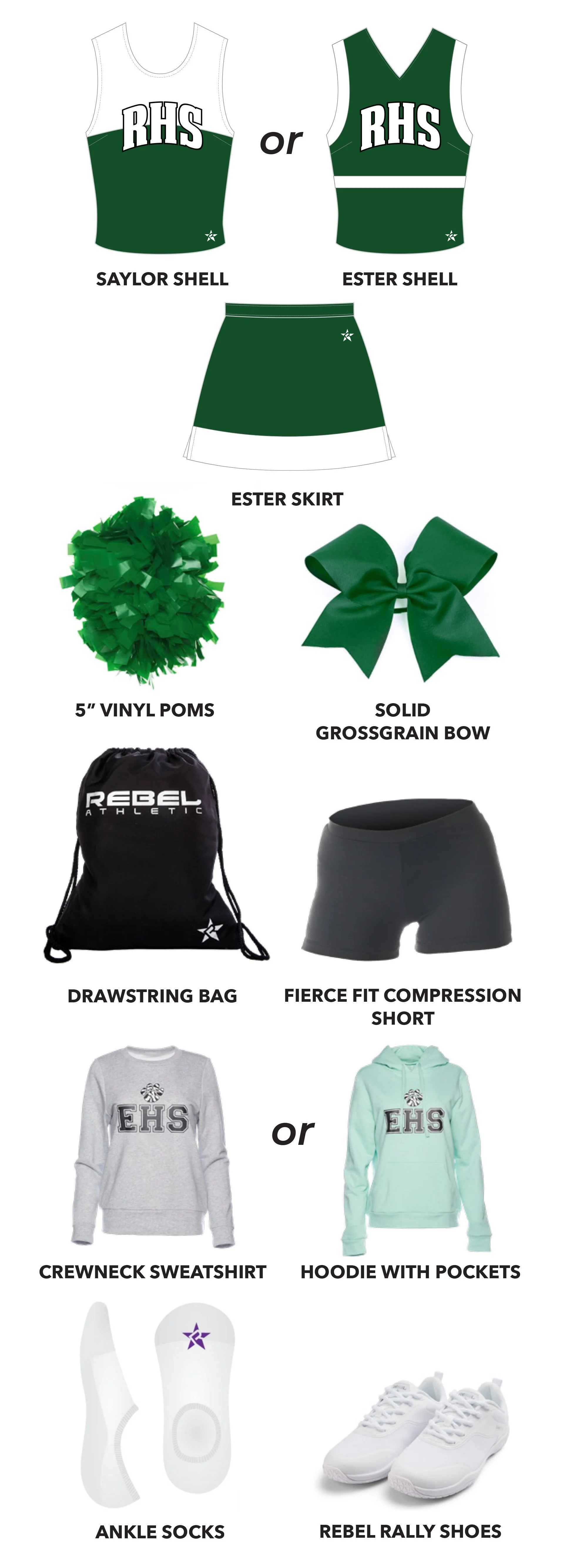 Image showing cheerleading uniform options including two sports bra styles, a skirt, cheerleading pom-poms, a solid grosgrain bow, a drawstring bag, compression shorts, sweatshirt and hoodie with pockets, ankle socks, and white rebel rally shoes.
