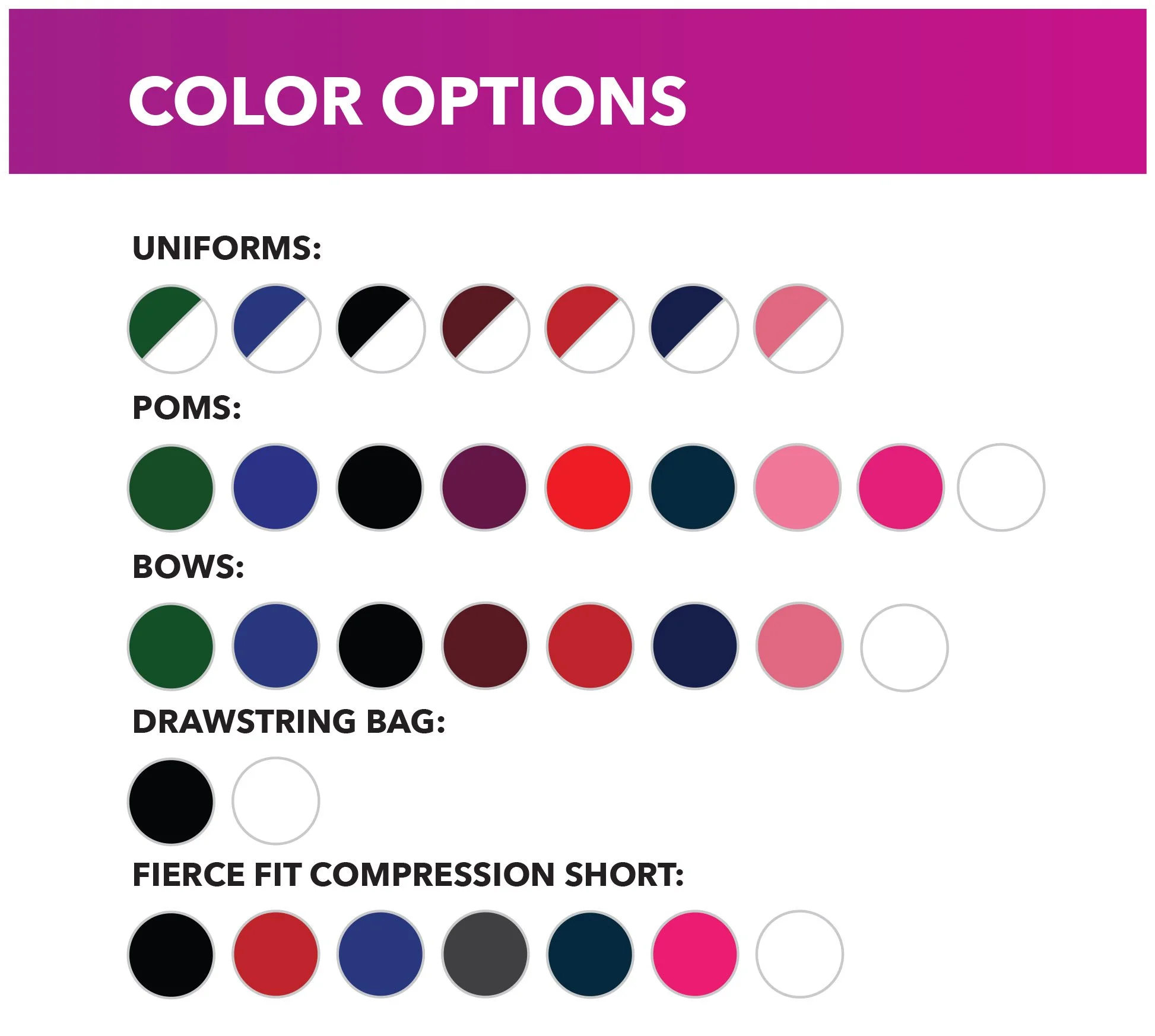 Chart showing color options for uniforms, poms, bows, drawstring bag, and fierce fit compression shorts with various color choices.