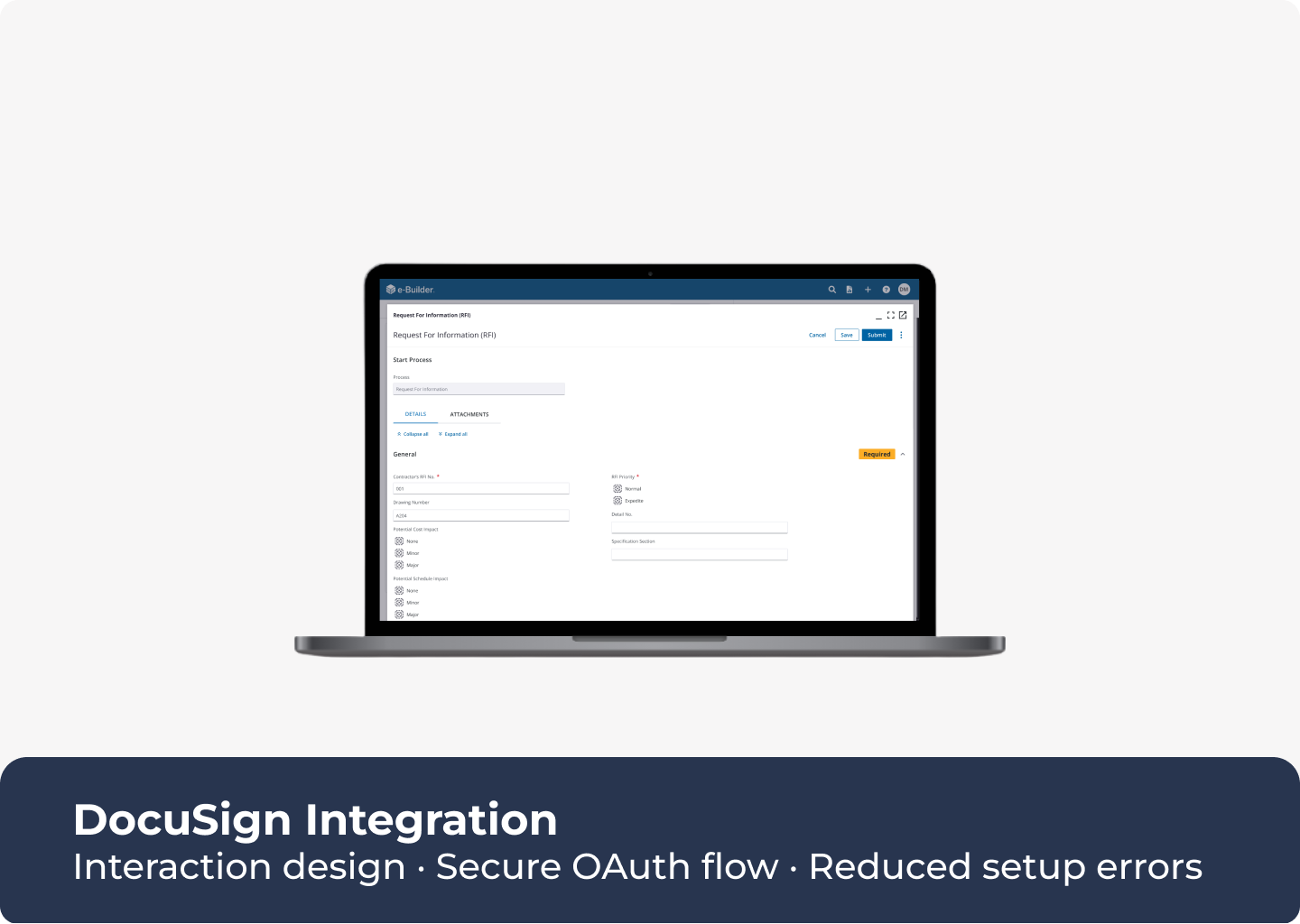 DocuSign Integration: Interaction design · Secure OAuth flow · Reduced setup errors