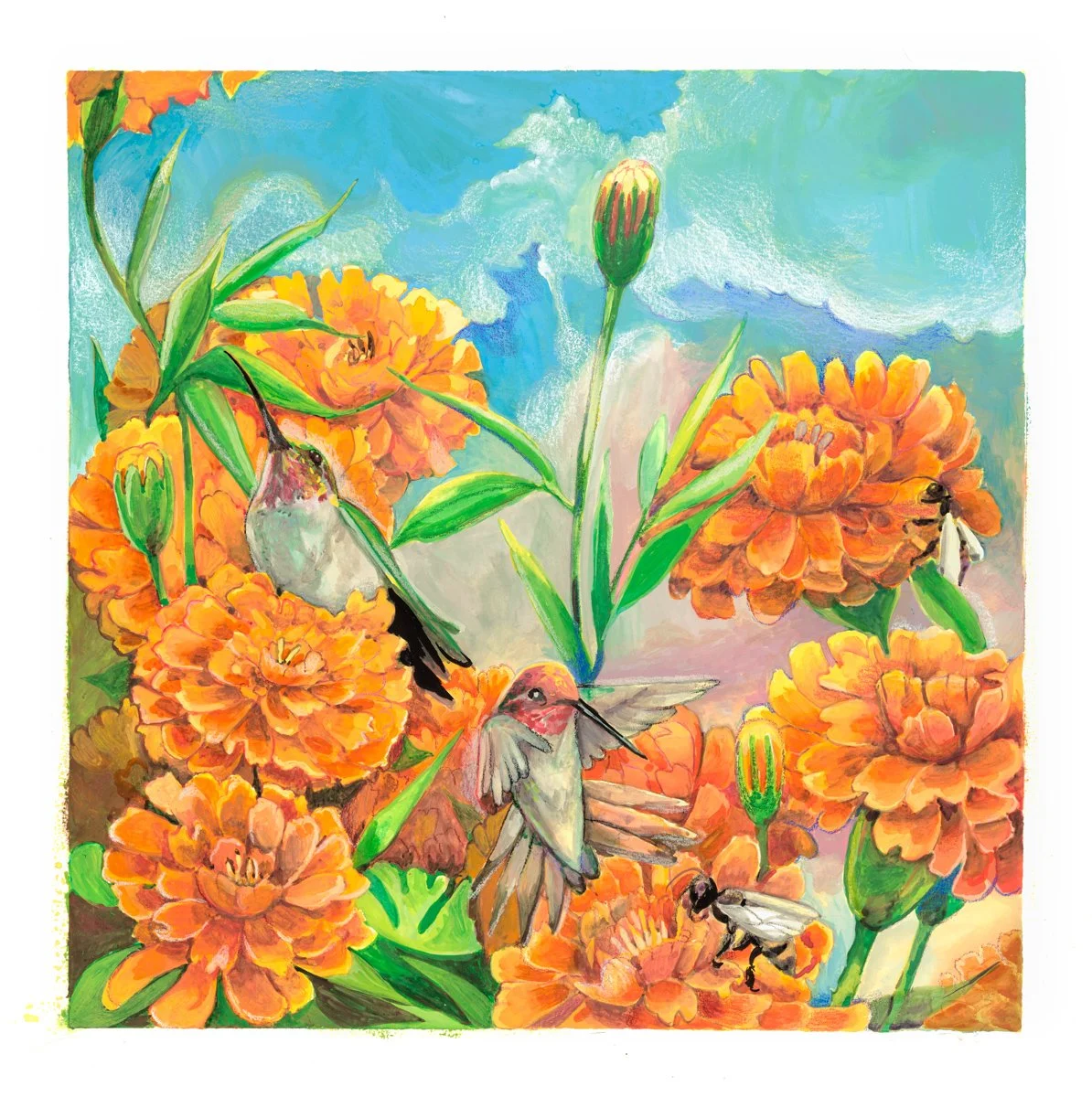 Hummingbirds-Flying-In-The-Marigolds-12x12-web.jpg