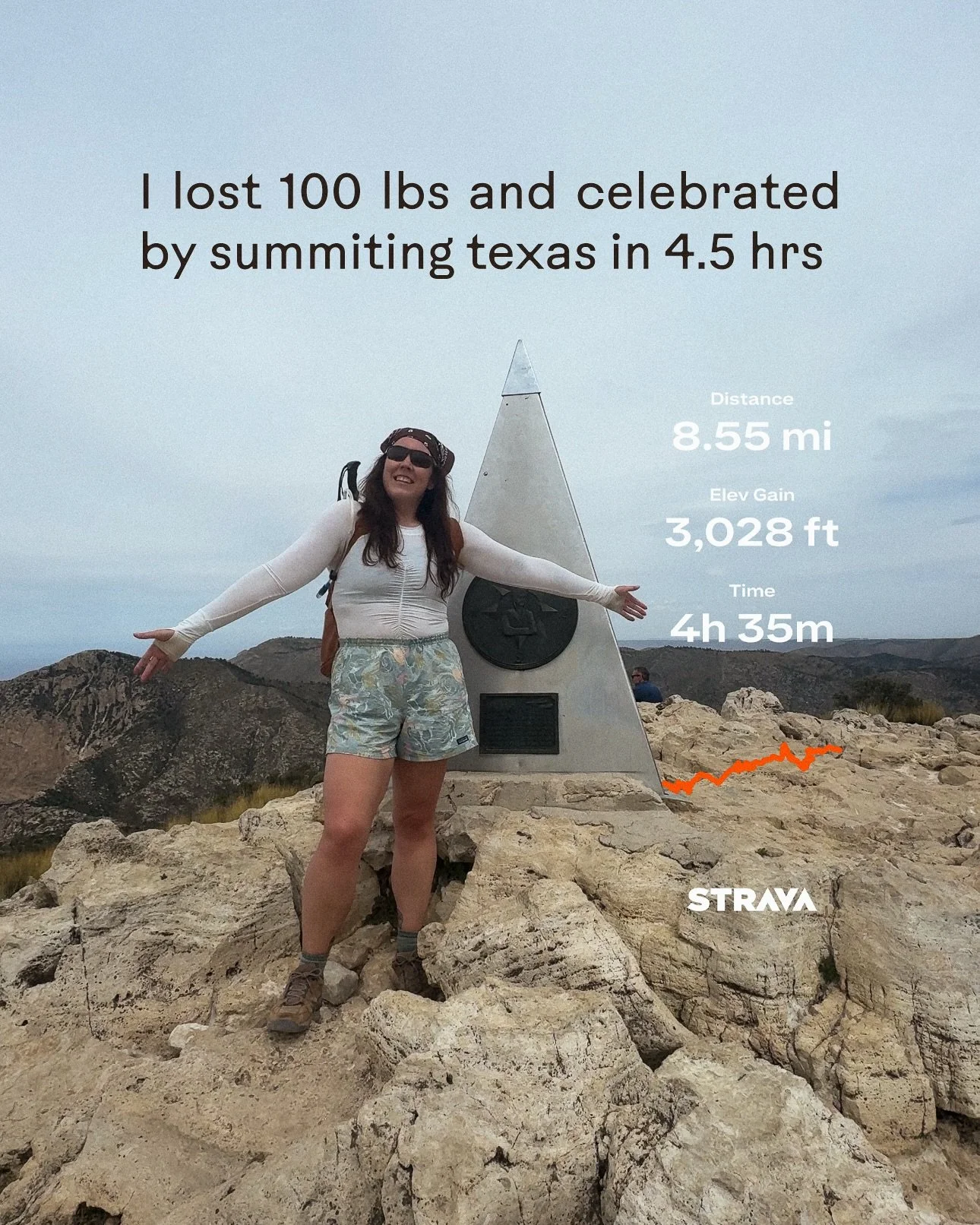 the other week I celebrated losing 100 lbs by doing something I never thought I could do: summiting the tallest point in texas, Guadalupe peak! 

8.5 miles round trip and 3k ft of elevation gain, completed in 4.5 hrs. I guess that puts me in the top 