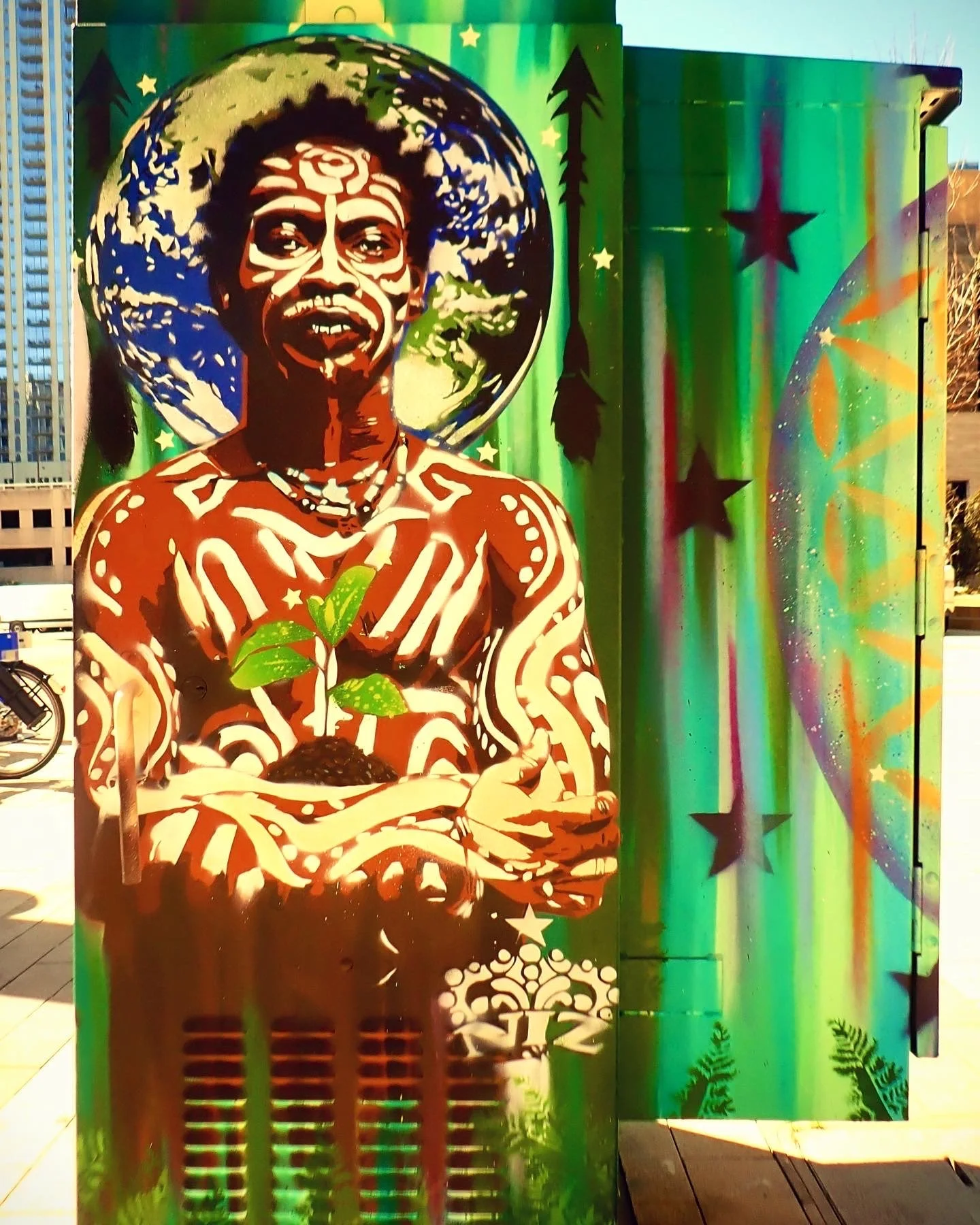 Electric Box painted for Downtown Austin Alliance on the topic of Inter-generational Equity