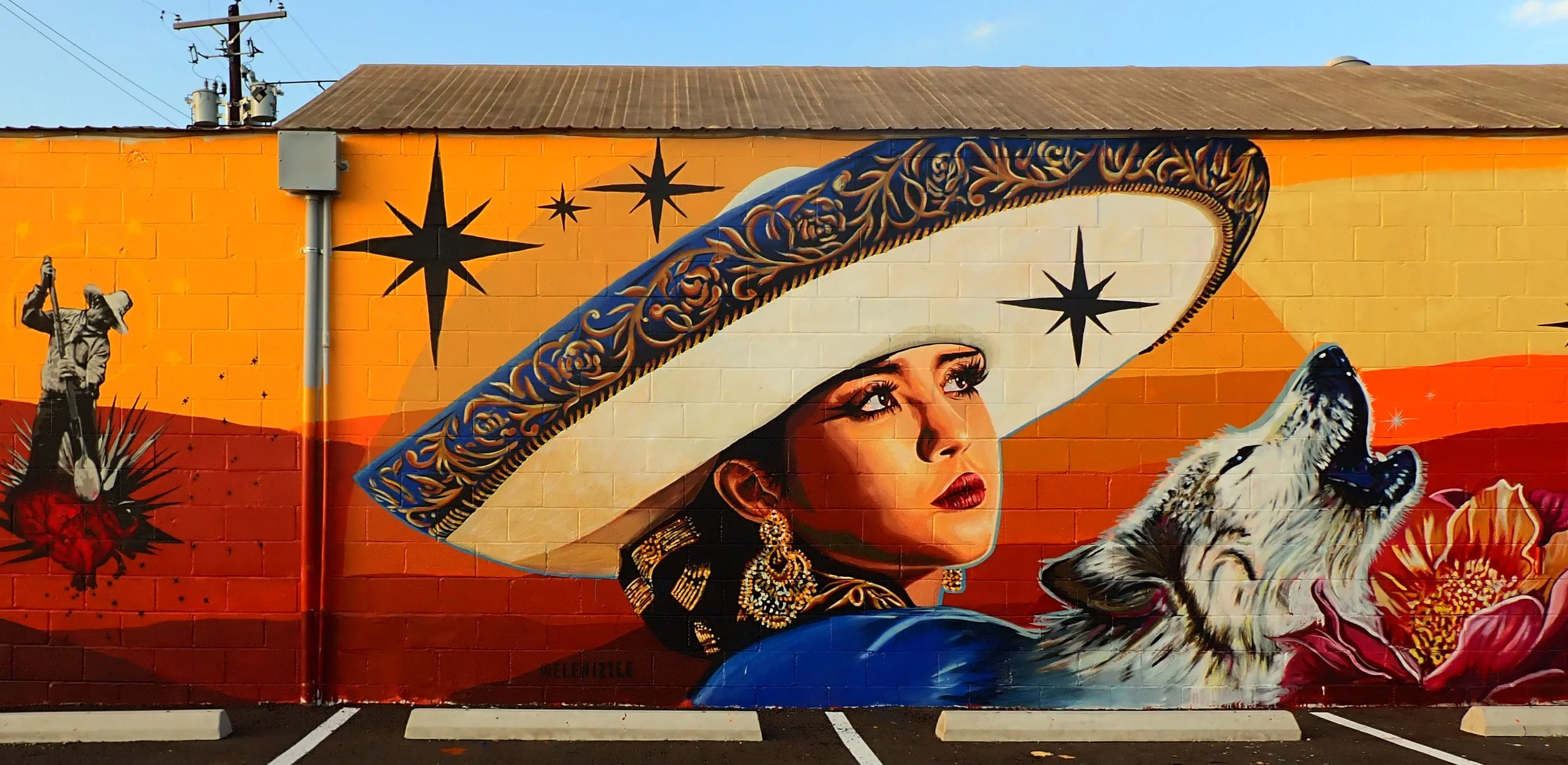 "Desert Song"-8x41ft mural in Austin, TX of twin mariachisi