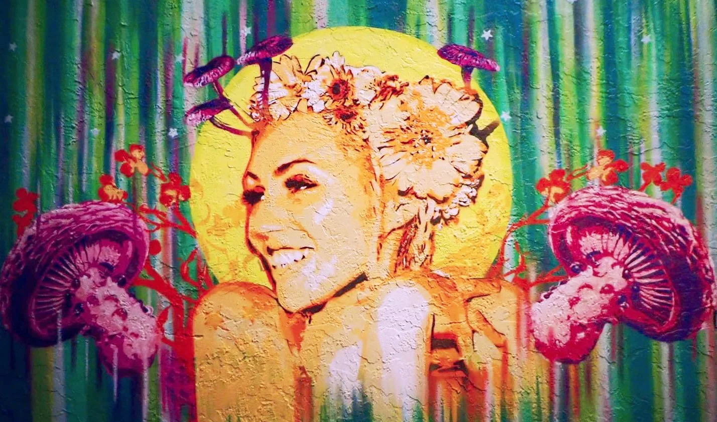 "The Bliss Fairy"-4x8' mural section of mural collaboration in Miami, FL with Few and Far Women Art Basel/Wynwood Mural Festival