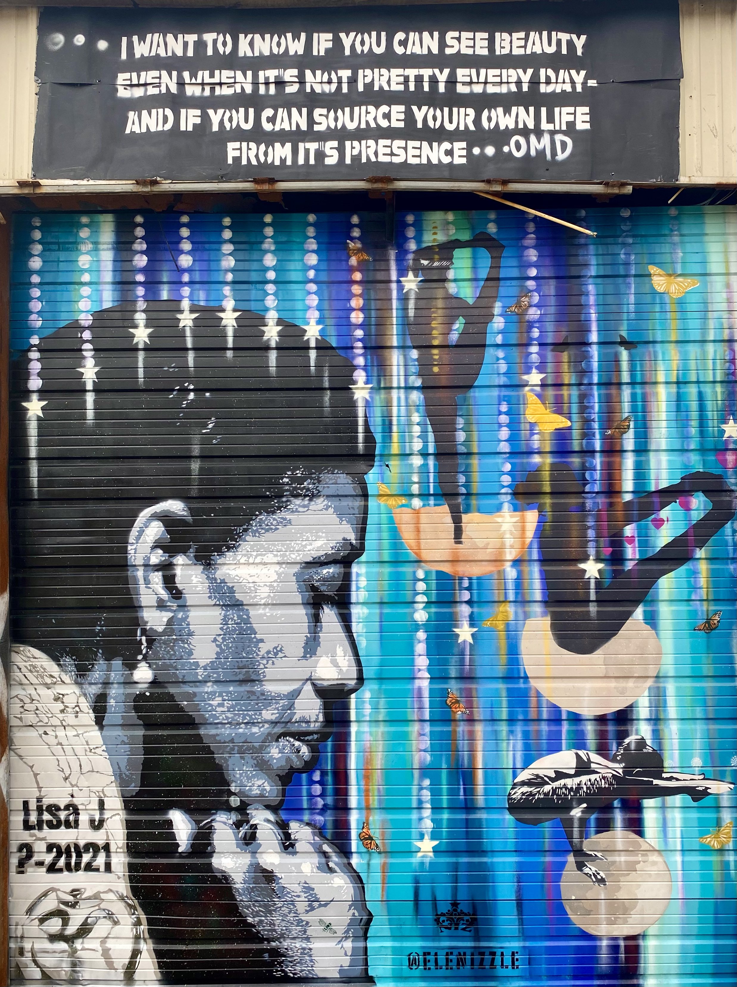 "Lisa"-8x15' Memorial mural on werehouse garage door for my Ashtanga teacher in East Austin, TX