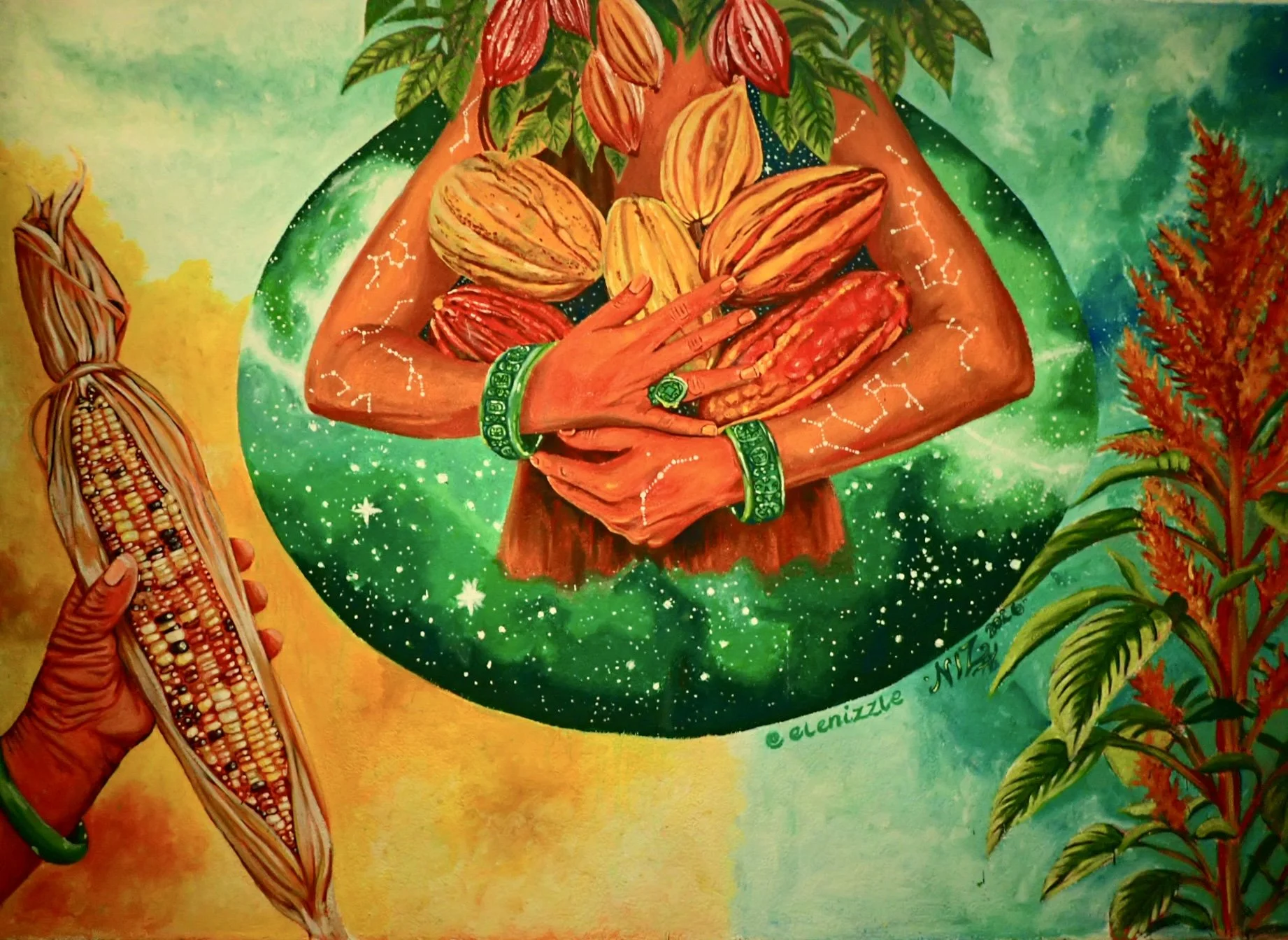 "Semillas Ancestrales"-8x8' mural in Santiago Atiplan, Guatemala