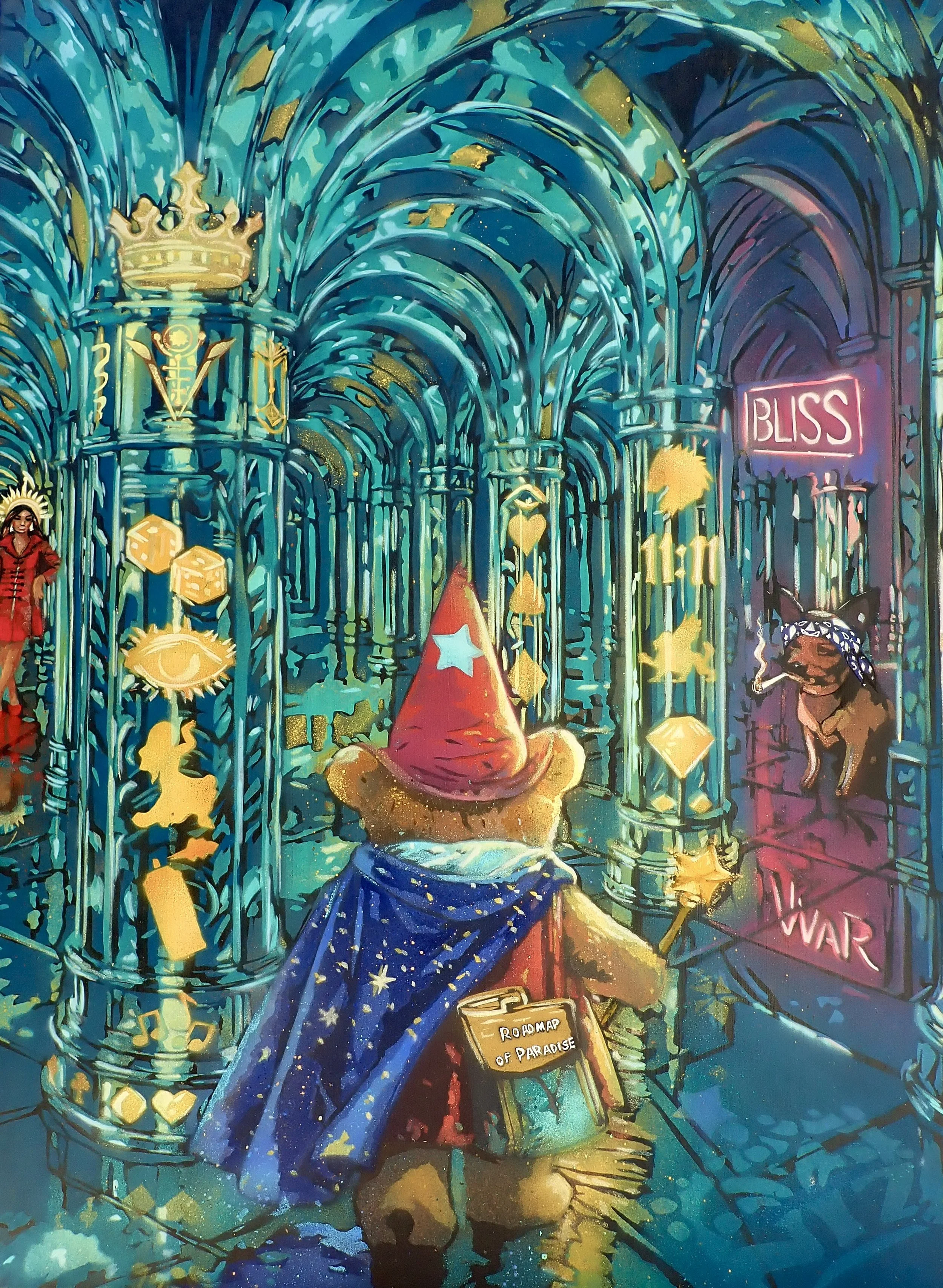 Hallway of Mirrors-36x48" Commission for Book Cover detailing A Wizard entering the distortion field-a metaphor for our current reality with social media and AI and the possibilities available to us with an understanding of the quantum field