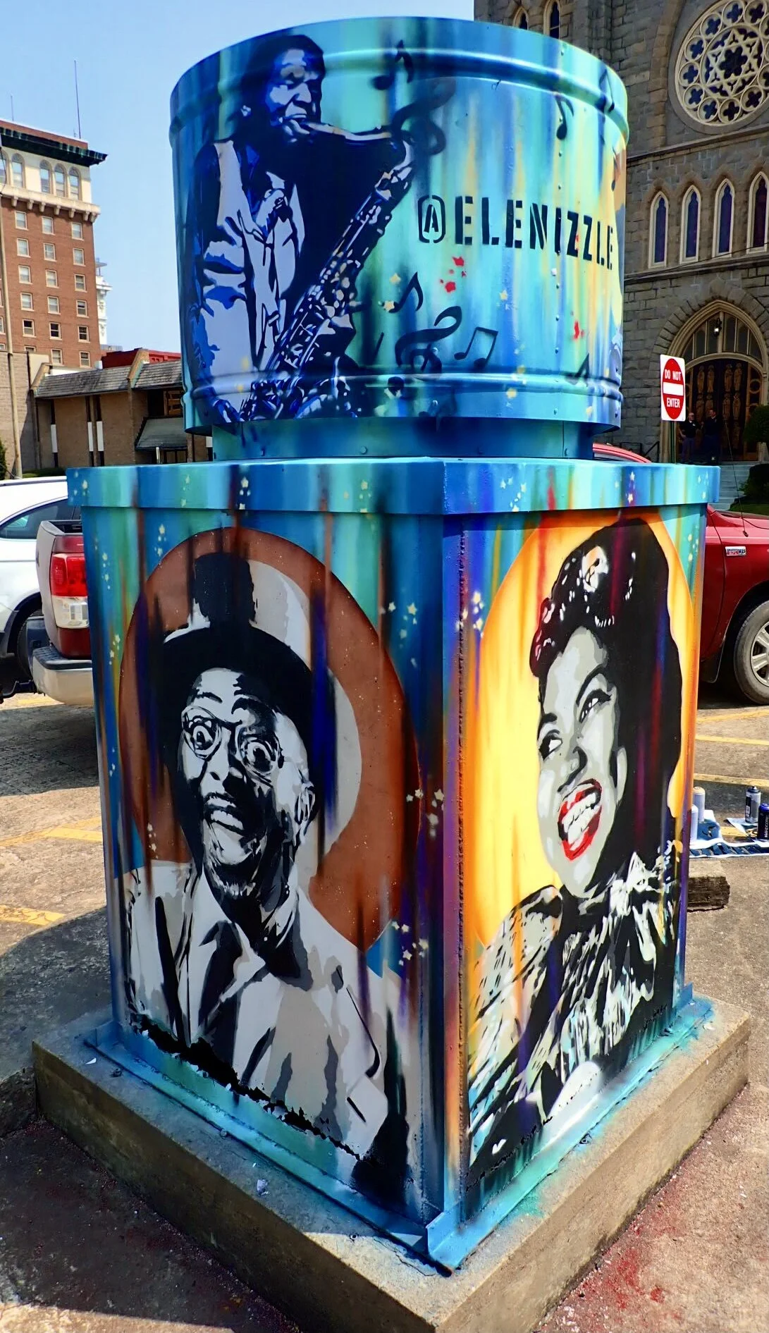 Air vent painted with Arkansas musicians in little Rock, AR for Downtown Little Rock Partnership