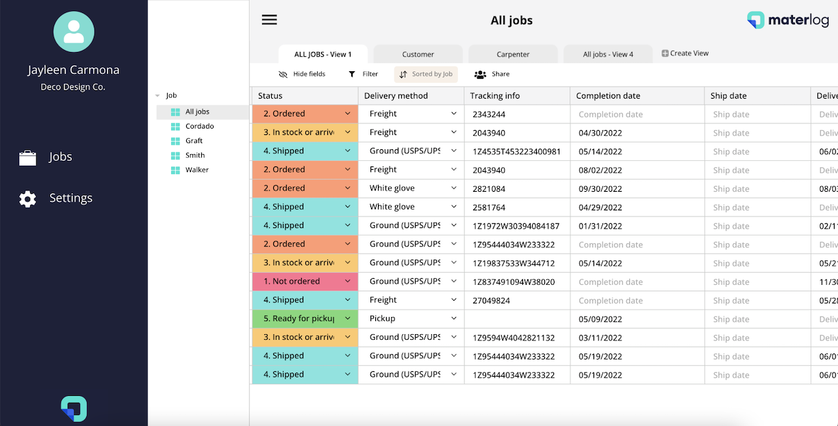 Order status and delivery tracking MaterLog