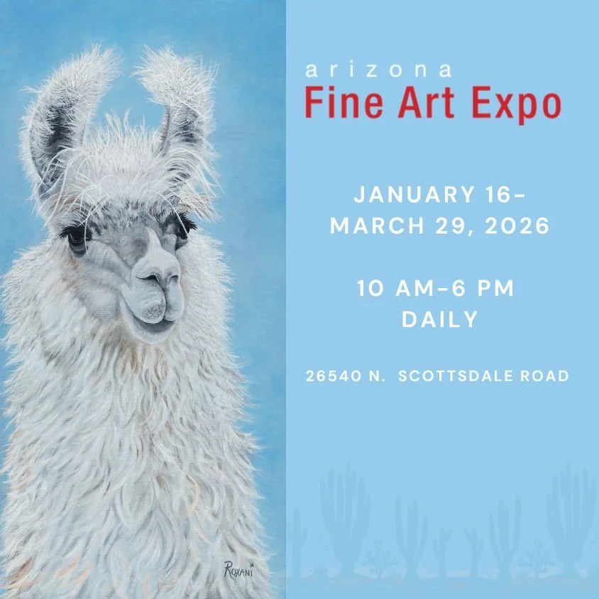 Promotional poster for the Arizona Fine Art Expo featuring a detailed illustration of a llama against a blue background, with event dates from January 16 to March 29, 2026, daily from 10 AM to 6 PM, at 26540 N. Scottsdale Road.