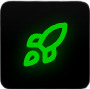 Green neon leaf icon on black background