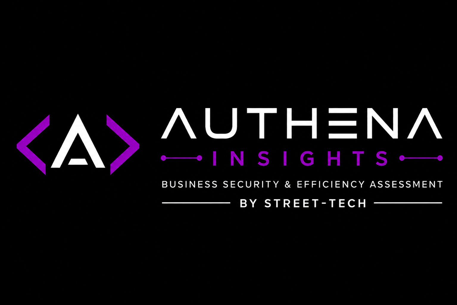 Logo for AUTHENA Insights with a black background, white and purple text, and a stylized purple 'A' symbol. The logo includes the tagline 'Business Security & Efficiency Assessment by Street-Tech.'