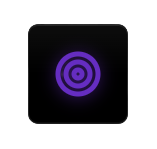 A digital icon with purple concentric circles on a black background.