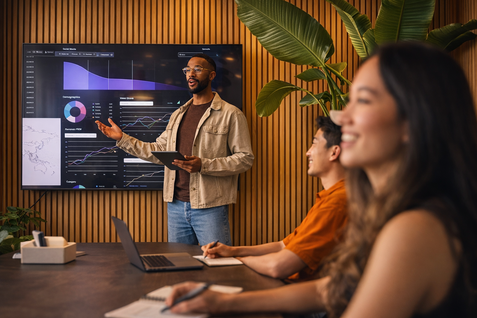 A man giving a presentation in a meeting room with three people sitting at a table. The presentation screen shows charts and graphs related to data analysis.