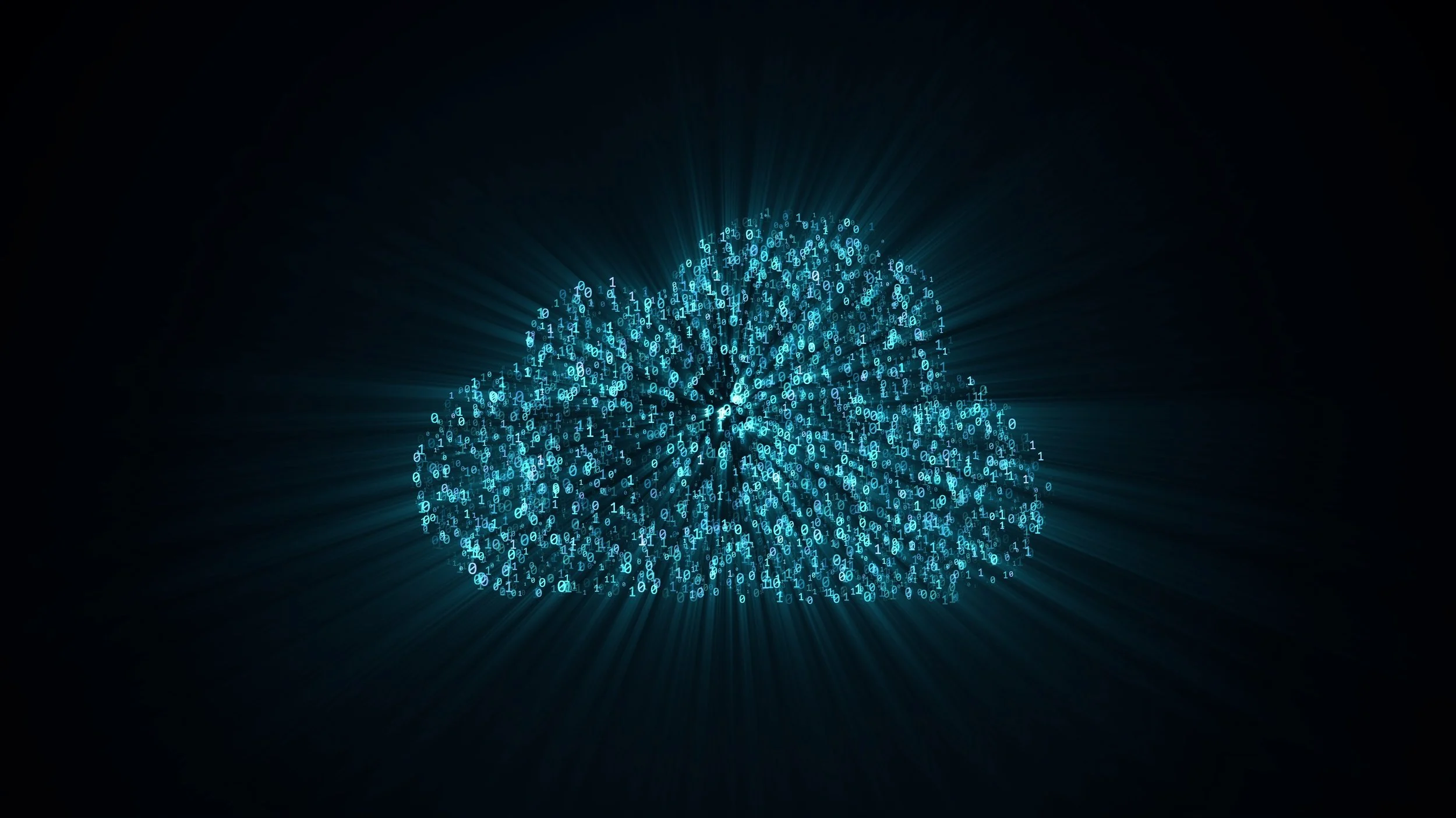 A digital representation of a pyramid structure made of glowing blue binary numbers (0s and 1s) on a black background, with light rays emanating from the pyramid.