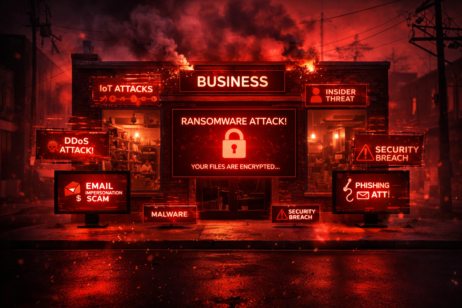 A building with digital signs illustrating cybersecurity threats such as ransomware, malware, phishing, data breaches, and attacks like DDoS and IoT attacks, with a red, fiery background.