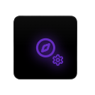 Dark square icon with purple circle containing a lightning bolt and a gear symbol.