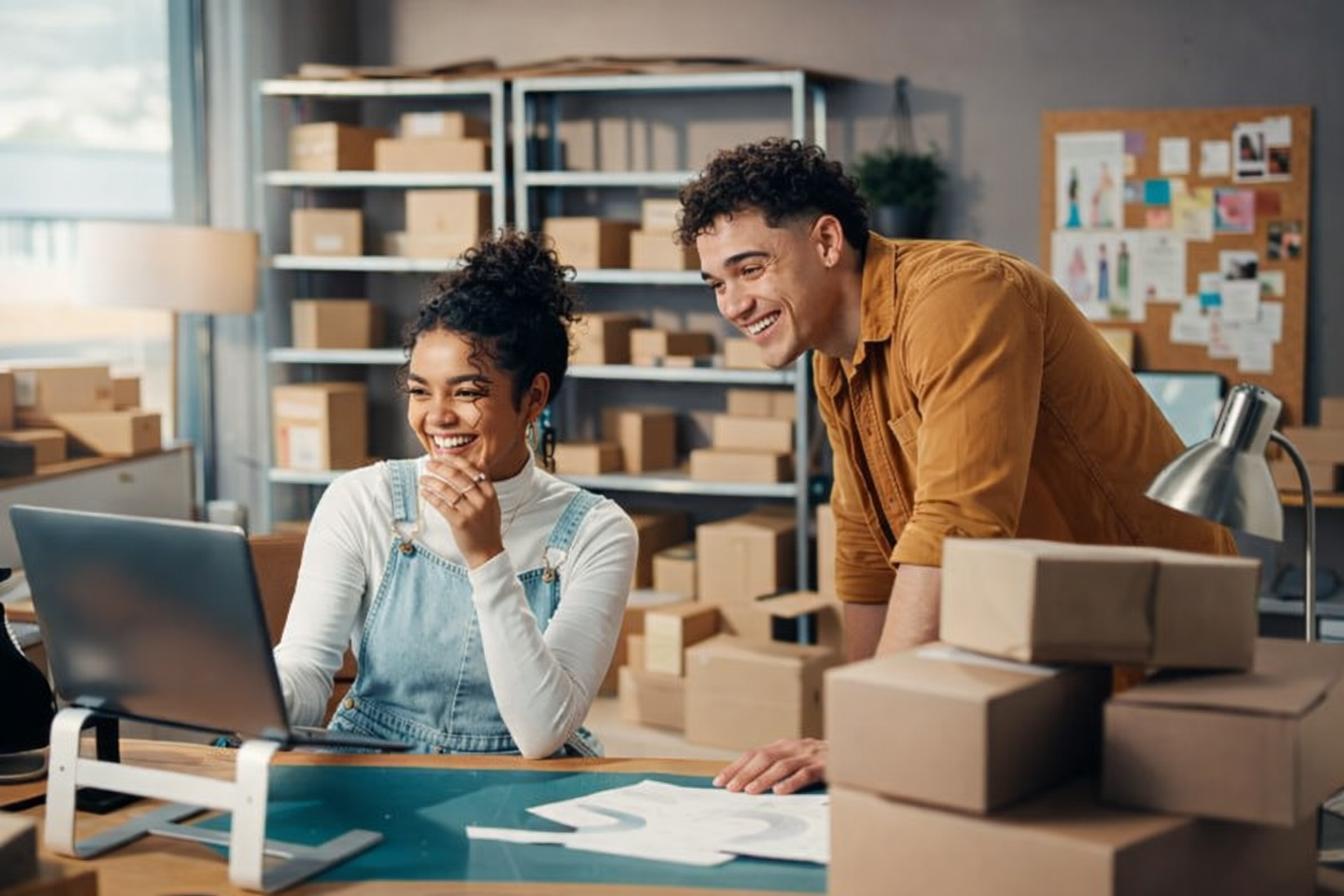 A woman and a man are working together in a workspace filled with cardboard boxes. The woman is seated at a work desk, smiling at a laptop, with her hand on her chin. The man is leaning over the desk, also smiling and engaging with the woman. The background includes shelves with stacked boxes and a bulletin board.