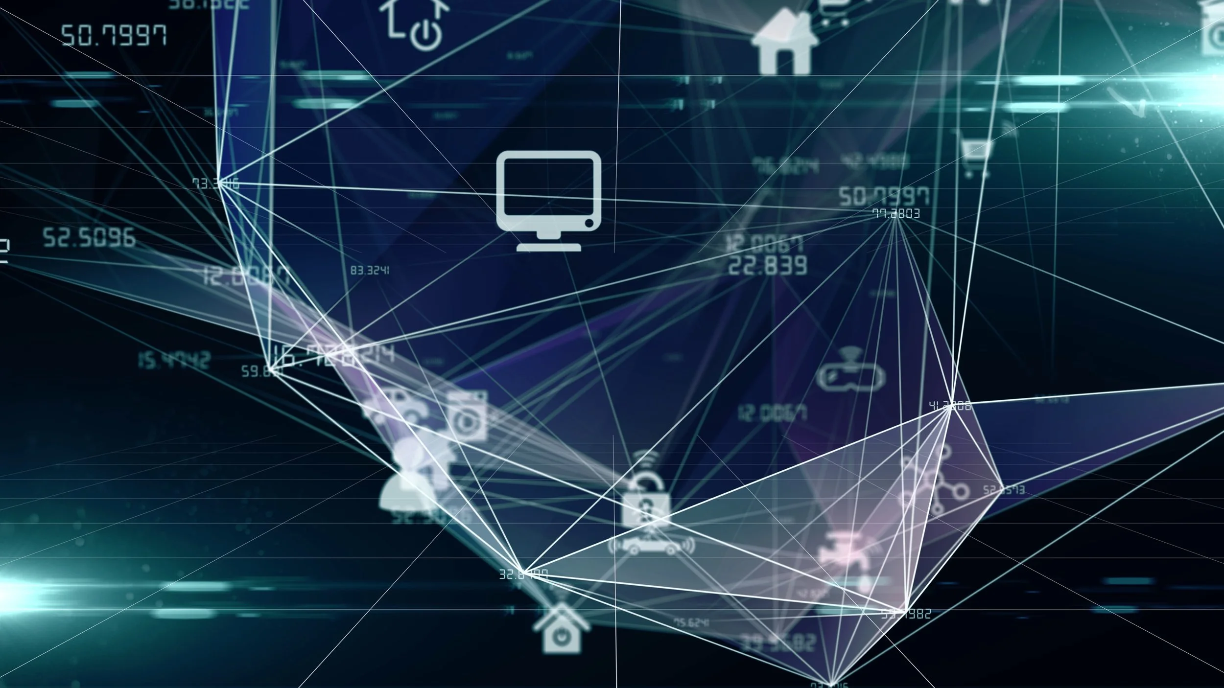 Digital network illustration with icons of a house, computer monitor, shopping cart, laundry machine, and interconnected lines and data points.