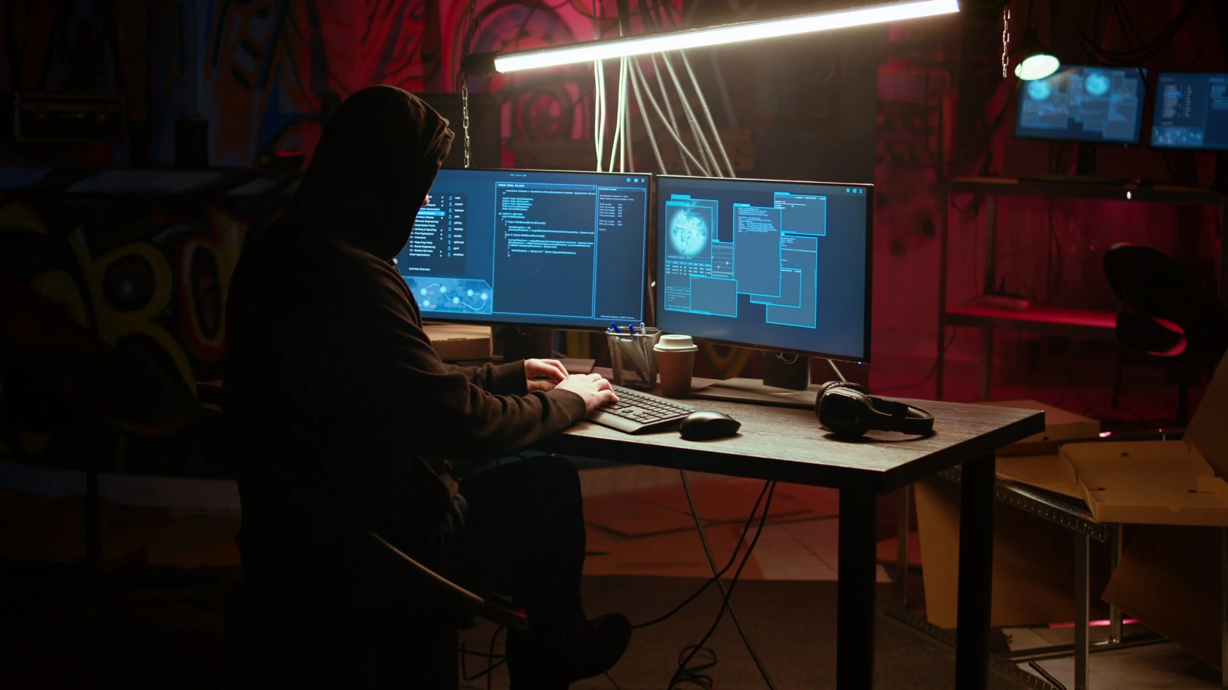Person in a dark hoodie working at a desk with three computer monitors displaying code and digital images in a dimly lit room.