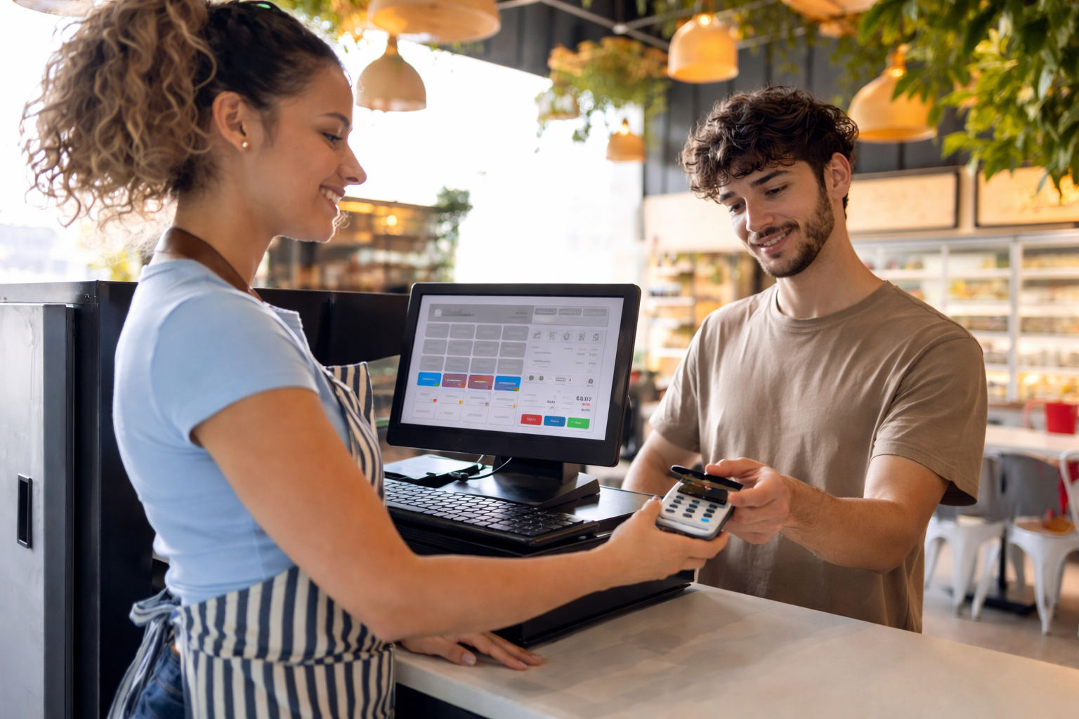 A woman at a counter in a cafe or restaurant is holding a card reader and a man is paying with a card, with a point-of-sale touchscreen displaying payment options visible.