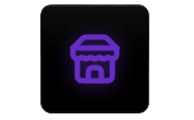 Purple icon of a storefront or shop on a black background.