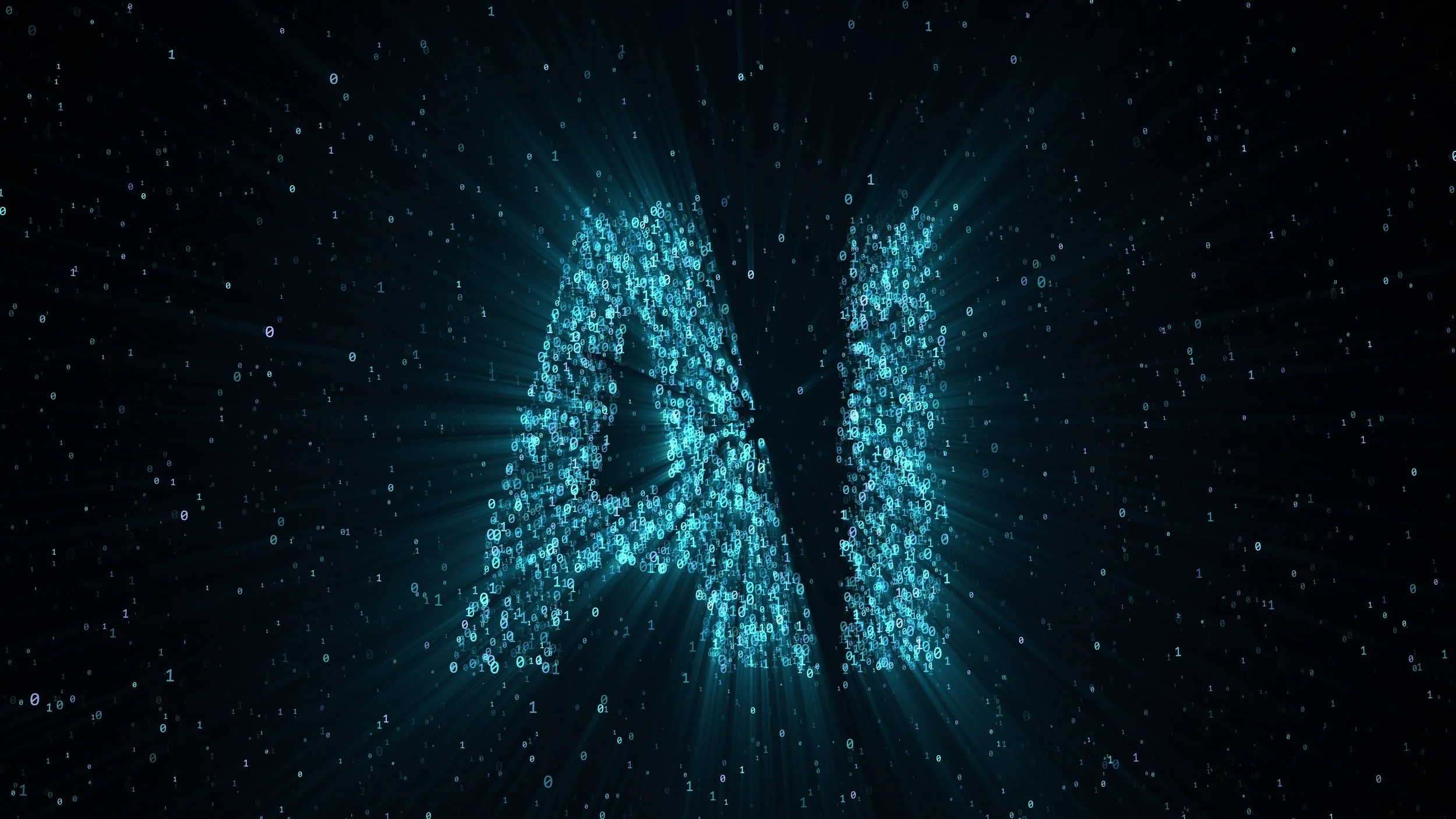 Digital art depicting the Twin Towers forming from glowing blue binary code numbers against a dark background with scattered binary digits.