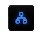 Digital icon of a network or flowchart with interconnected nodes in blue on a black background.