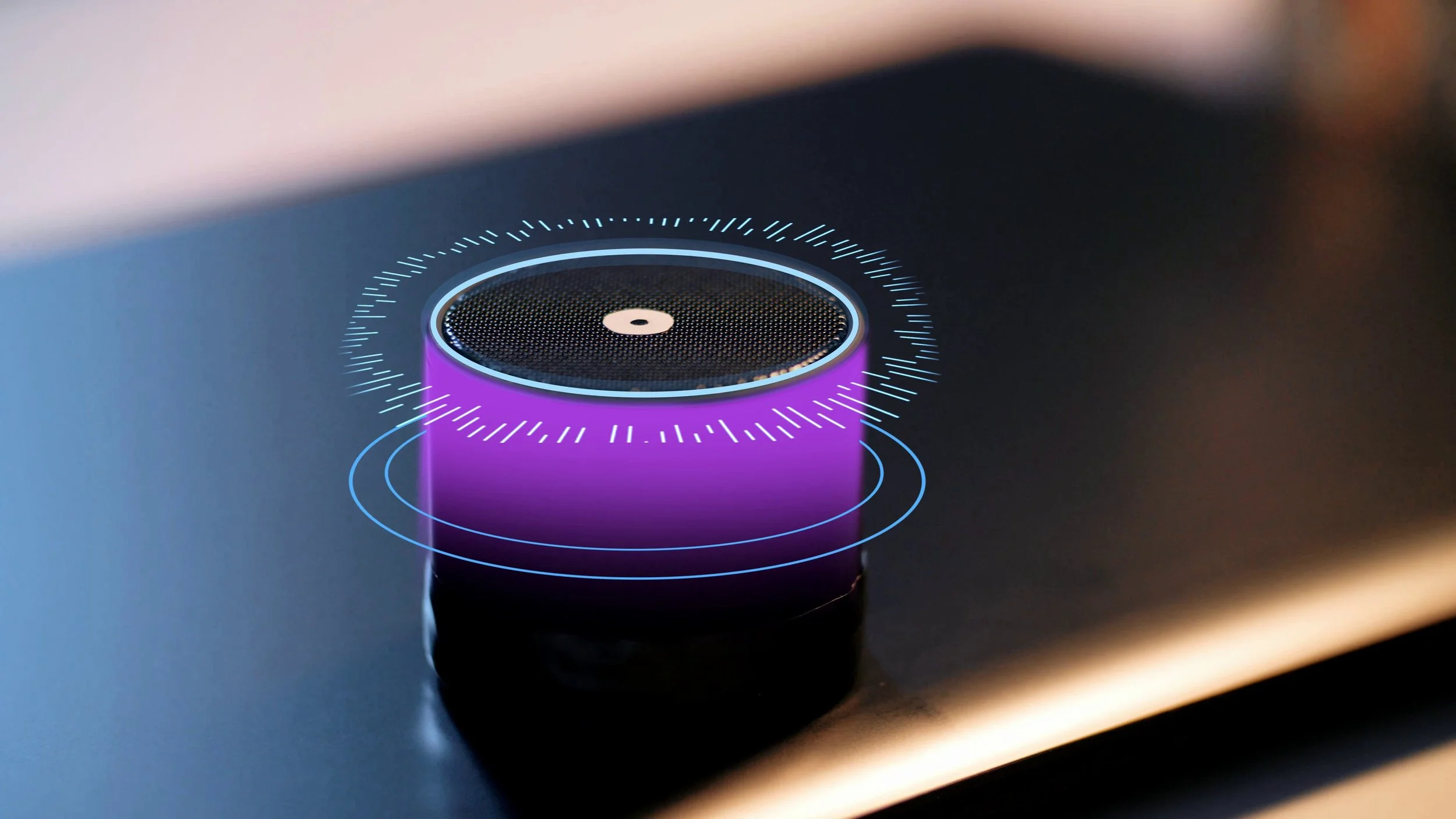 A sleek, modern black device with a circular top that features small holes and a glowing purple rim. Surrounding the device are blue concentric circles and digital lines, suggesting a high-tech or futuristic function.