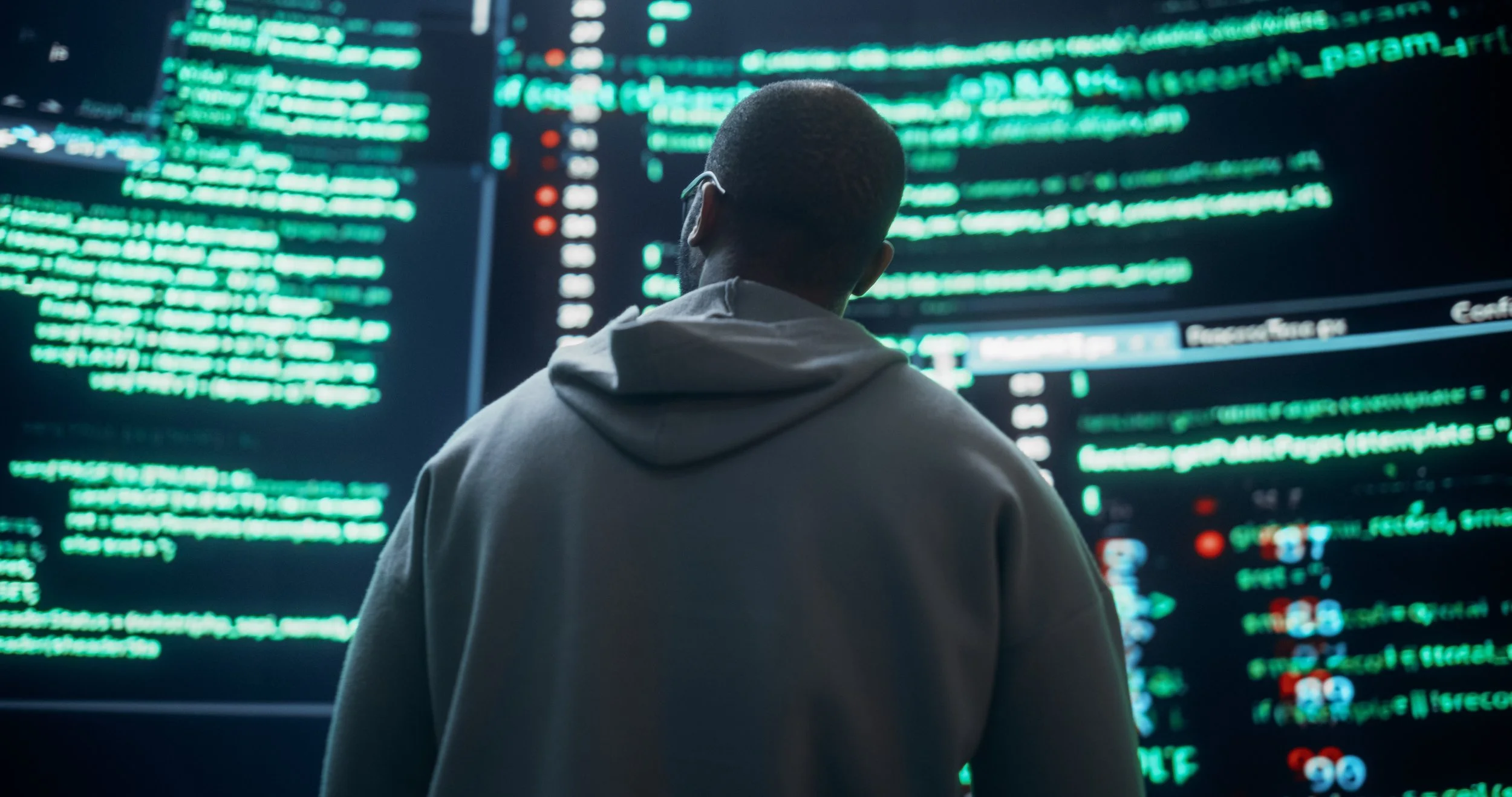 A person with glasses and a hoodie standing in front of a large screen filled with green code.
