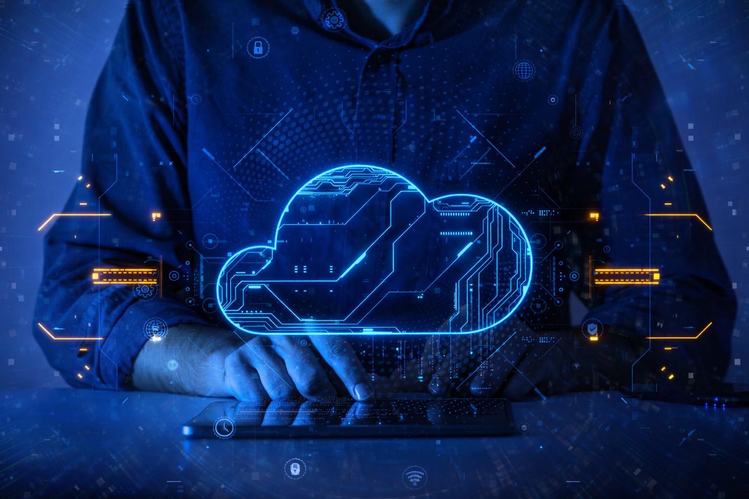 Person with folded arms in a dark shirt, holding a tablet, with a digital hologram of a blue cloud symbol and circuit lines representing cloud computing technology.