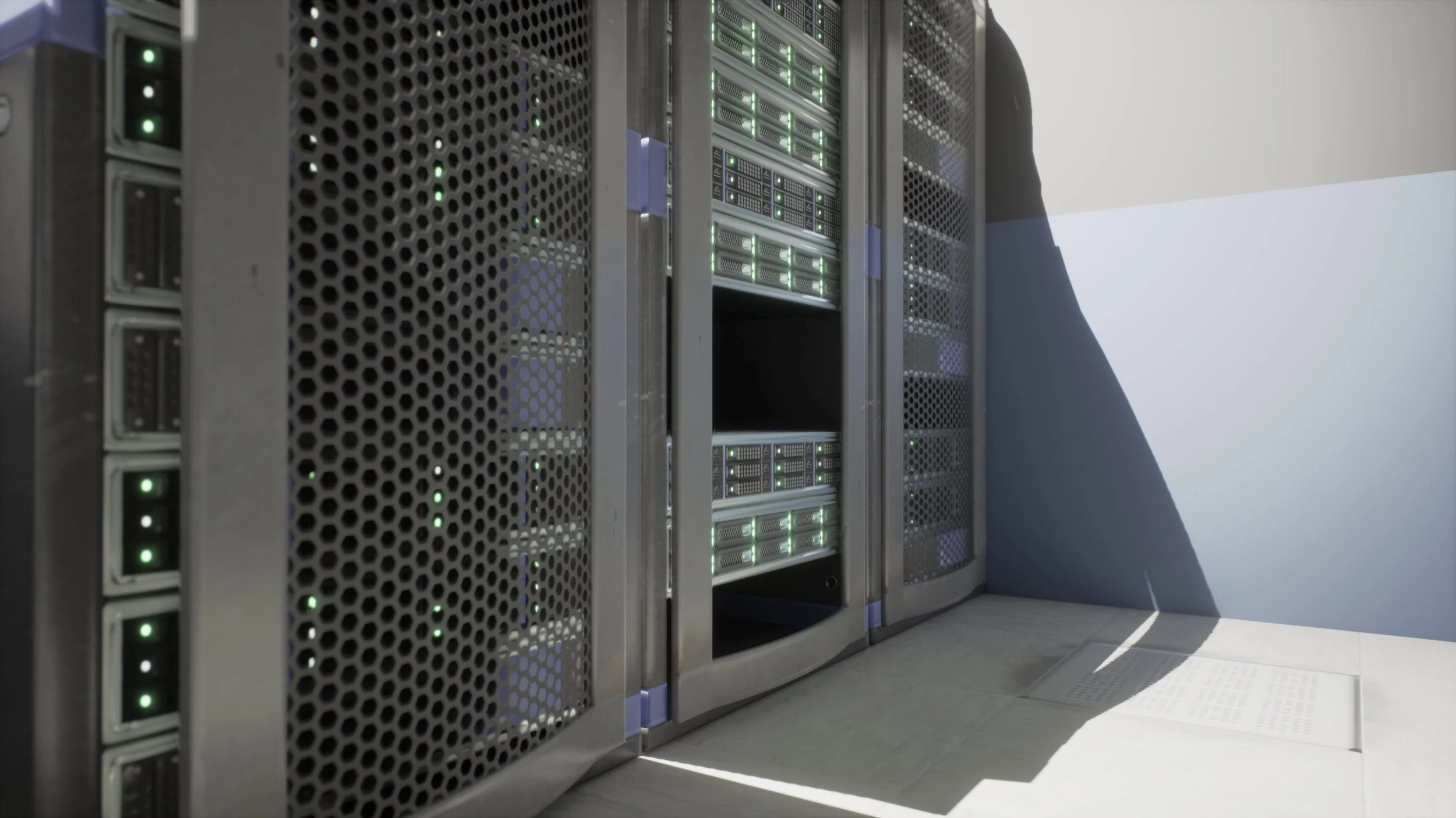 Server racks with green indicator lights in a data center.